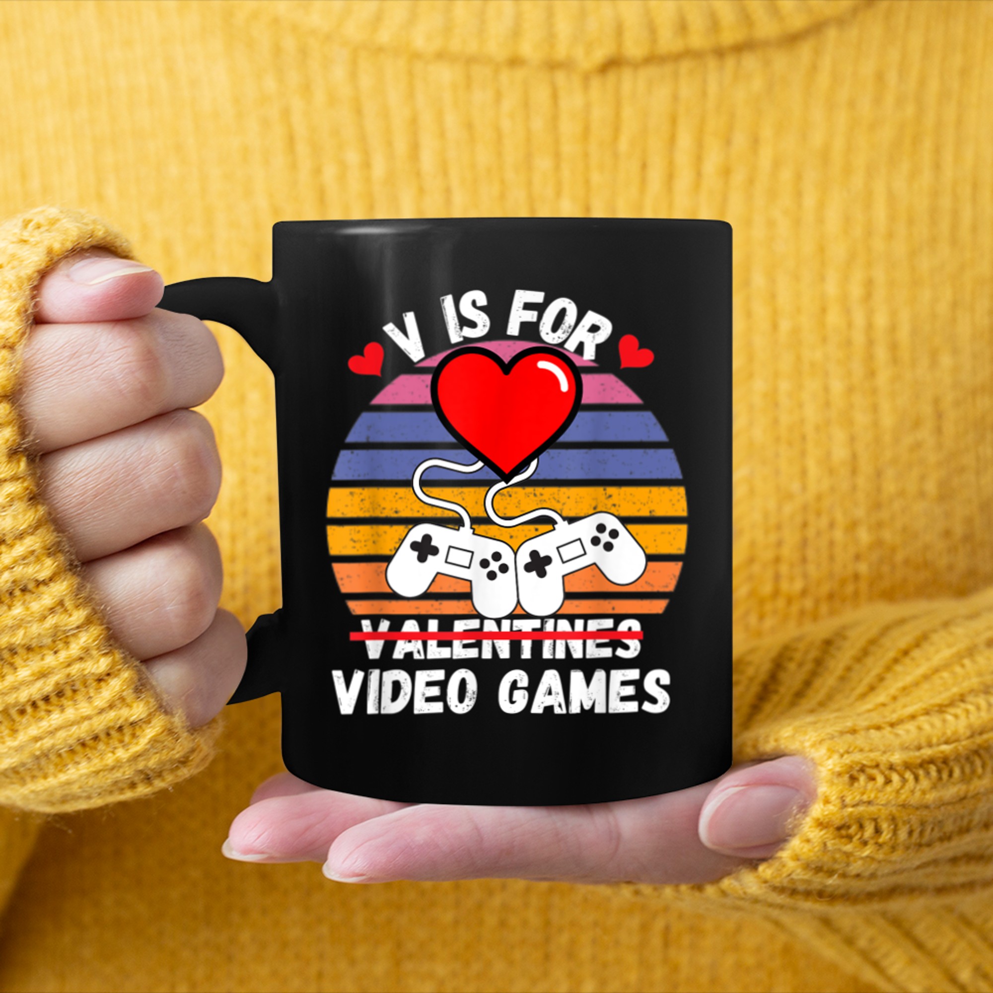 V is For Video Games Gamer Happy Valentines Day 2023 mug black