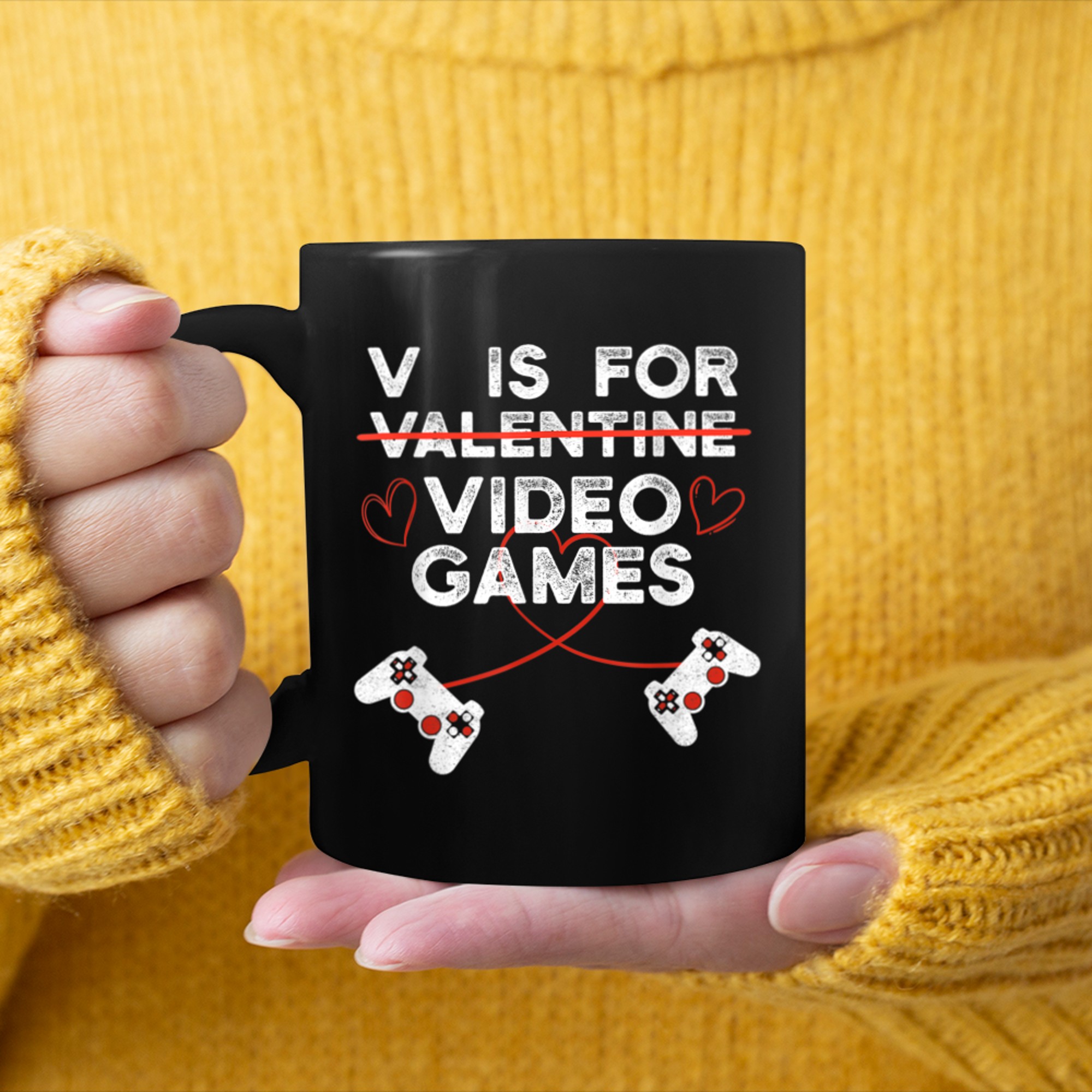 V Is For Video Games, Gamer Valentine's Day mug black