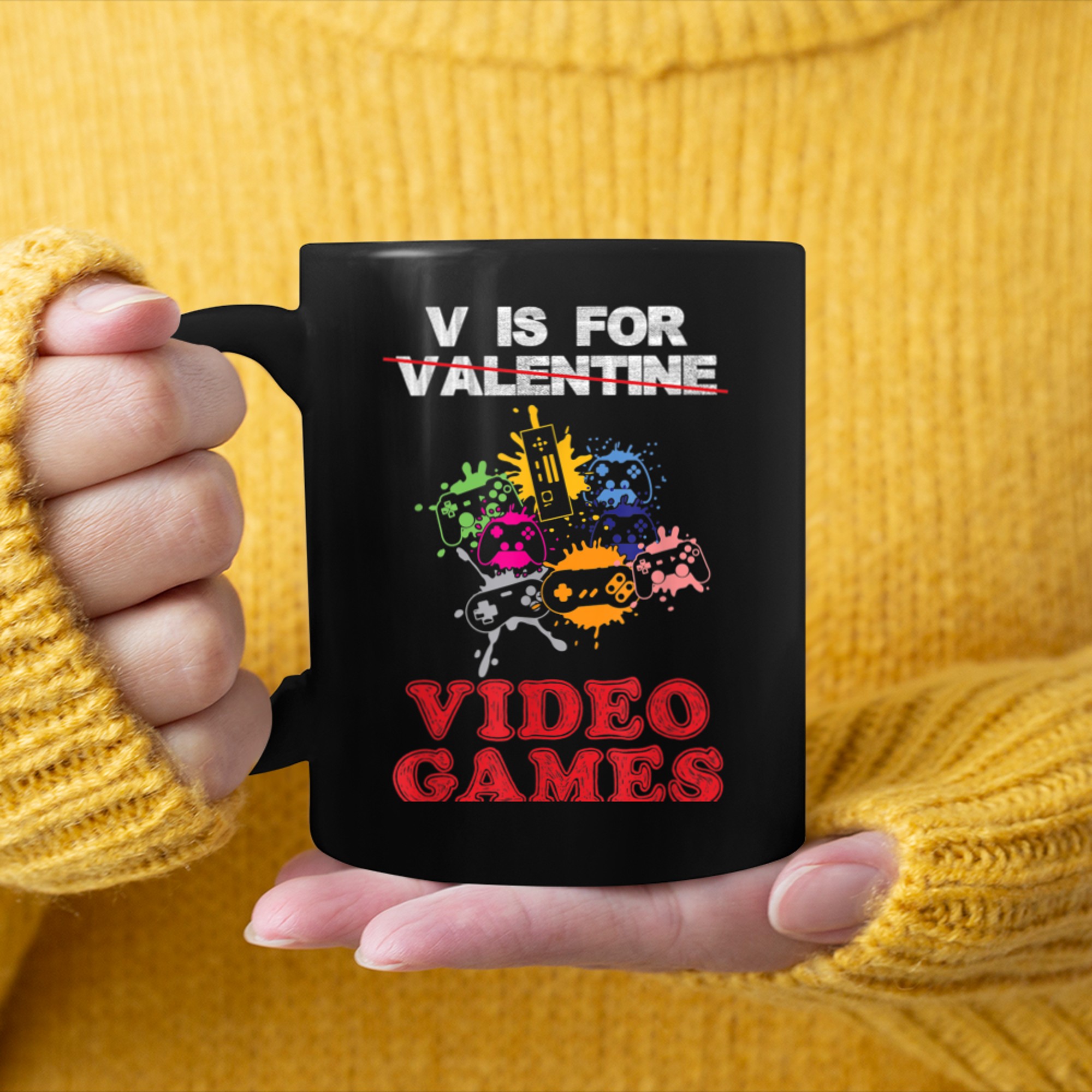 V Is For Video Games Gaming Funny Gamer Valentine's Day mug black