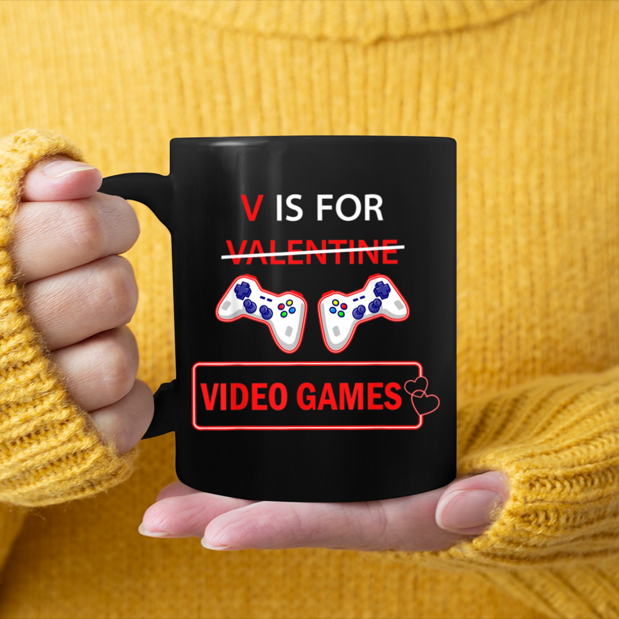 V Is For Video Games Heart Valentines Day Gamer Lovers Boy mug black