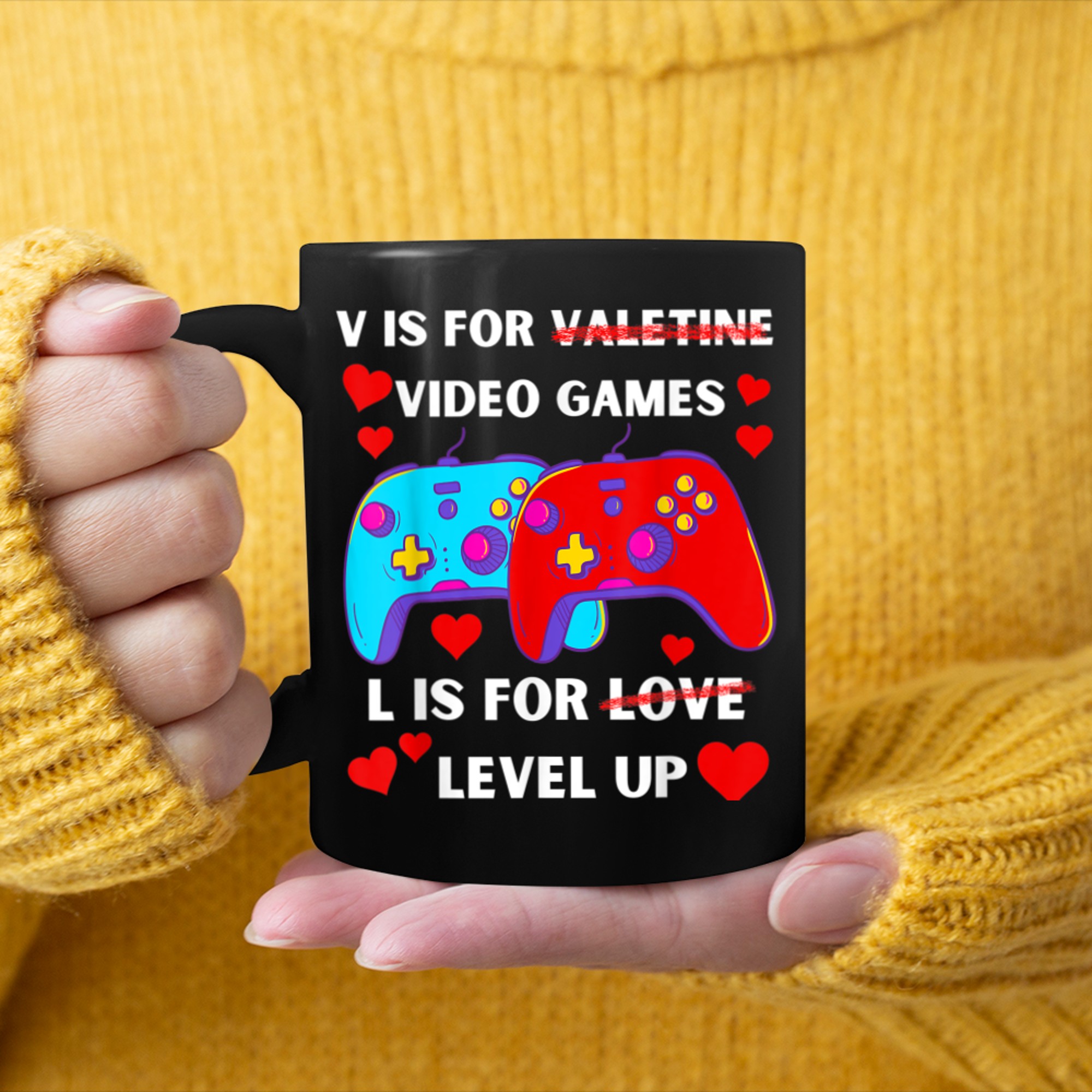 V Is For Video Games L is For Level Up Valentines Gamer mug black