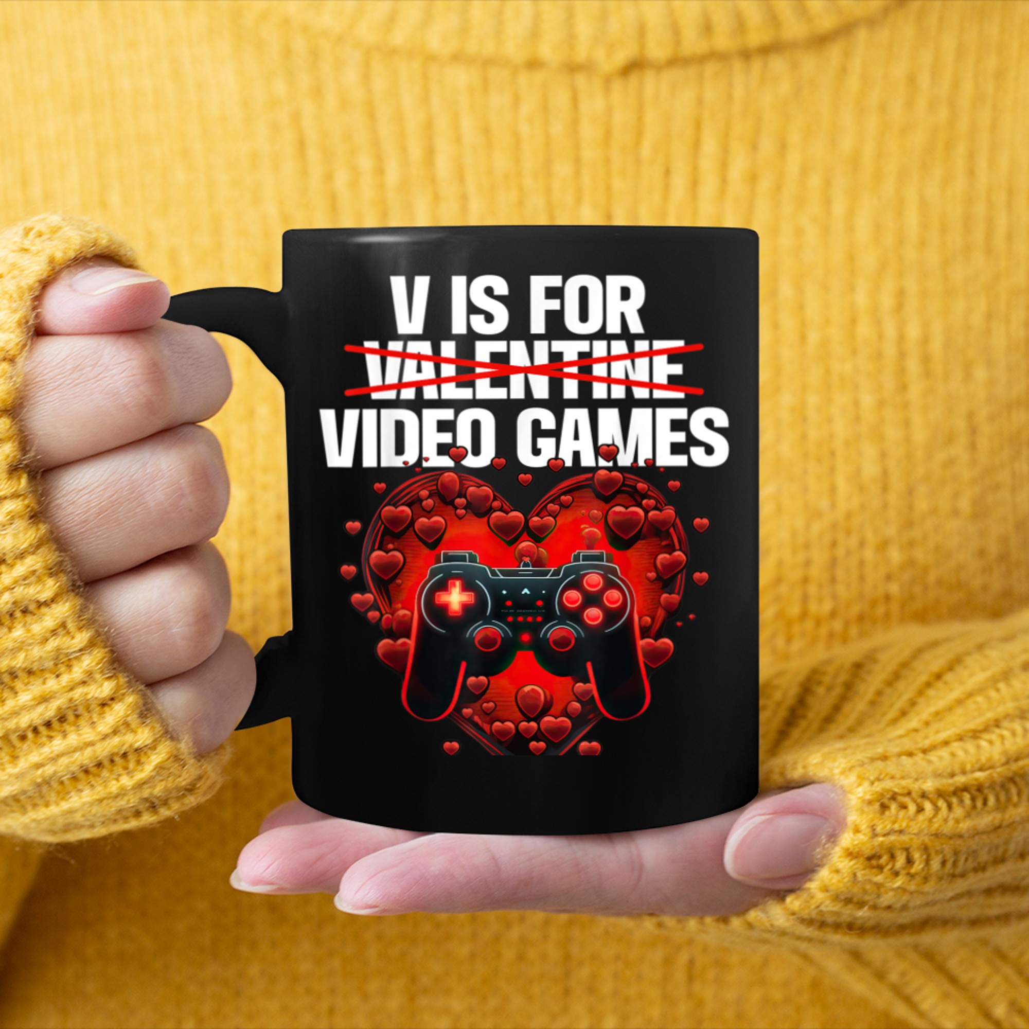 V is for Video Games Love Valentines Funny Gaming Heart mug black