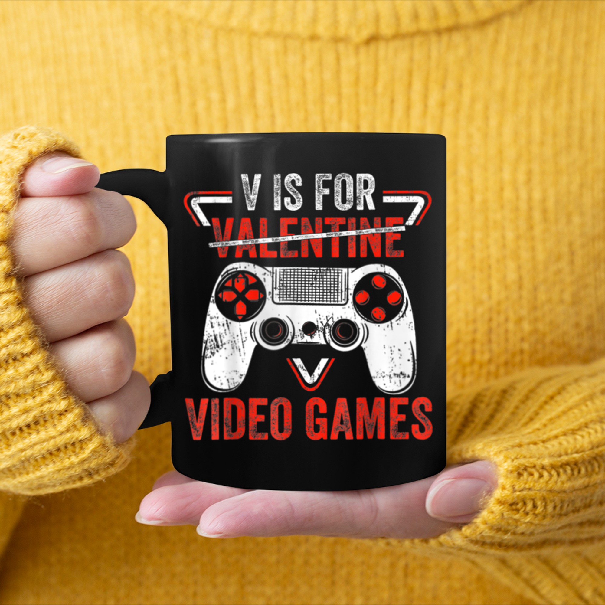 V is for Video Games Matching Family Valentines Day Gamer (1) mug black