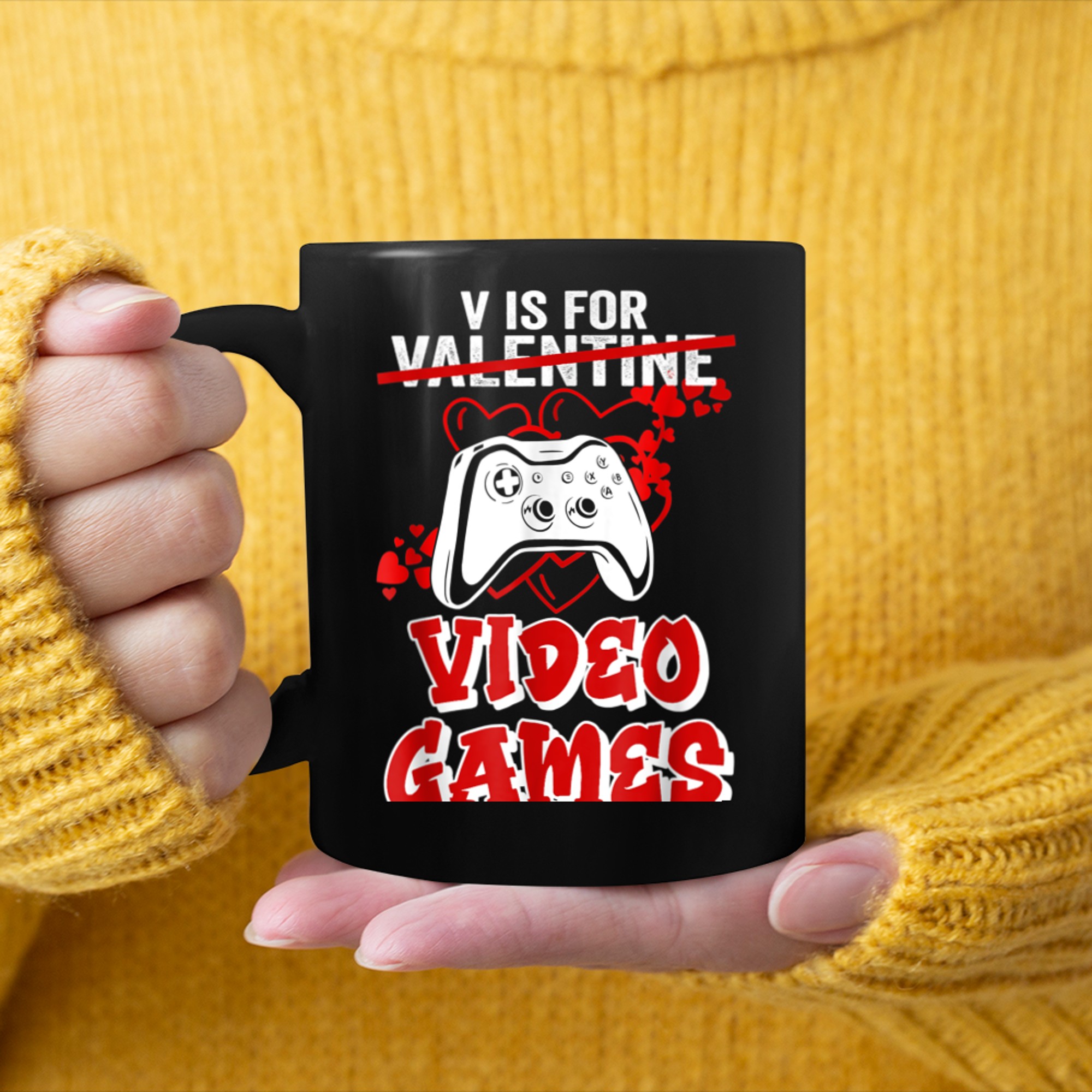 V is for Video Games Not Valentines Day Cute Gamer Boys Mens (4) mug black