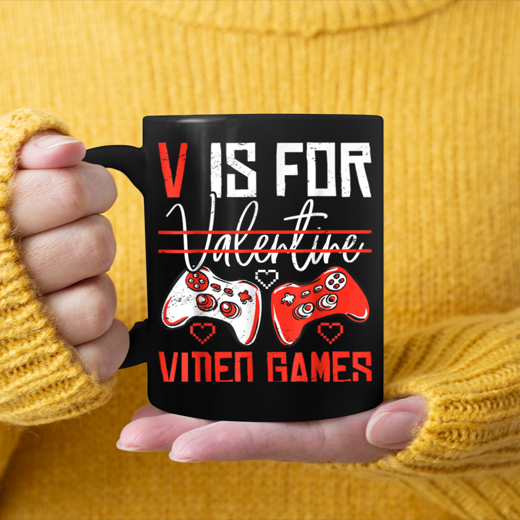 V is for Video Games Not Valentines Day Cute Gamer Boys Mens (6) mug black