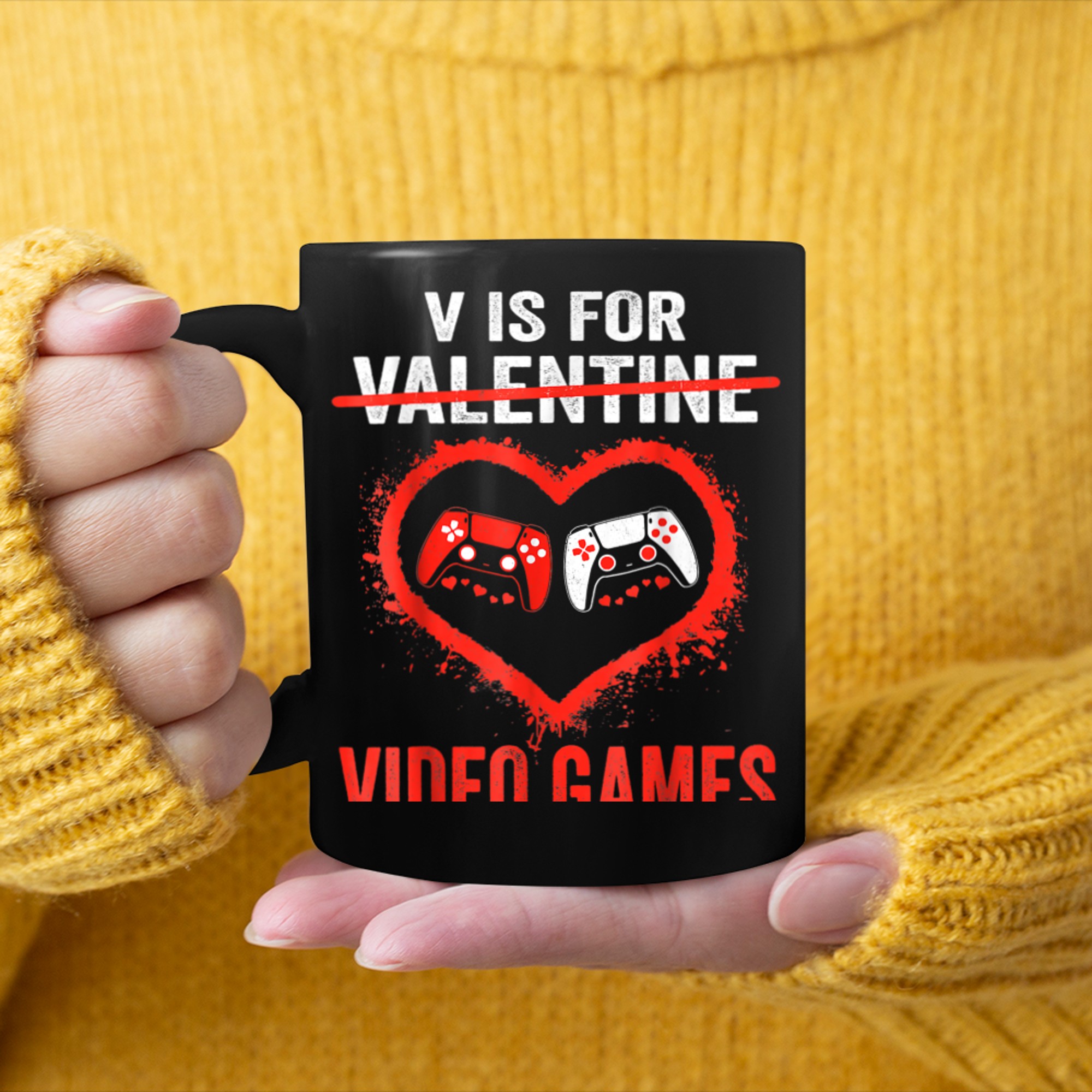 V is For Video Games Not Valentines Day Funny Heart Player (2) mug black