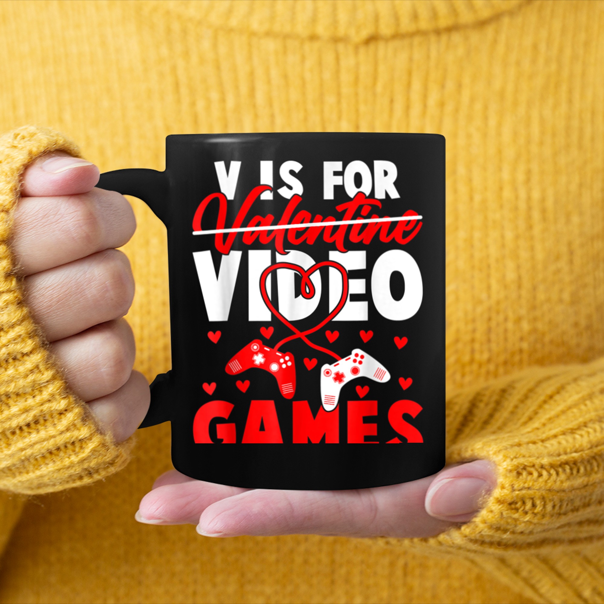 V is For Video Games Not Valentines Day Funny Heart Player (4) mug black