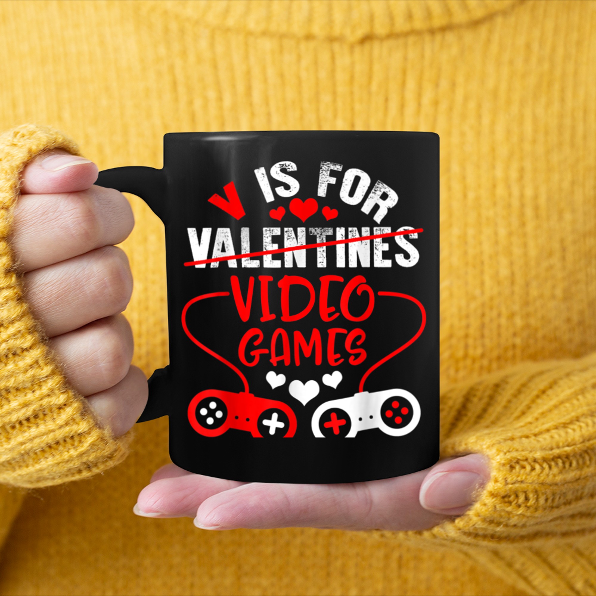 V is For Video Games Not Valentines Day Funny Heart Player (5) mug black