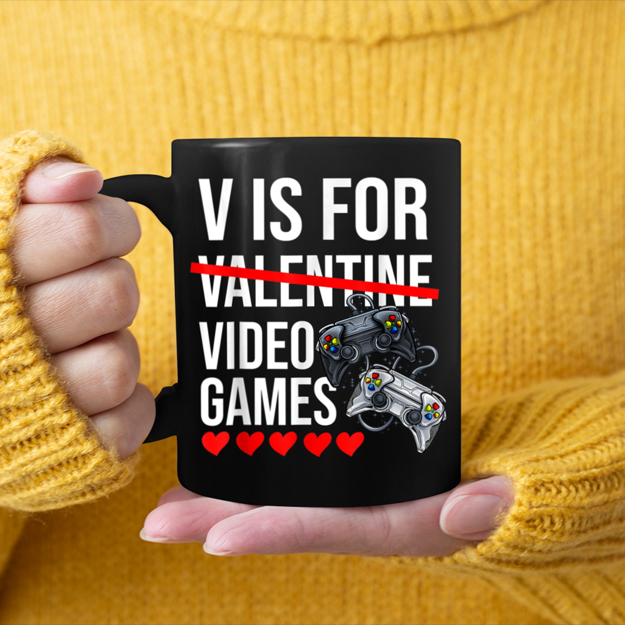 V is For Video Games Not Valentines Day Funny Heart Player mug black