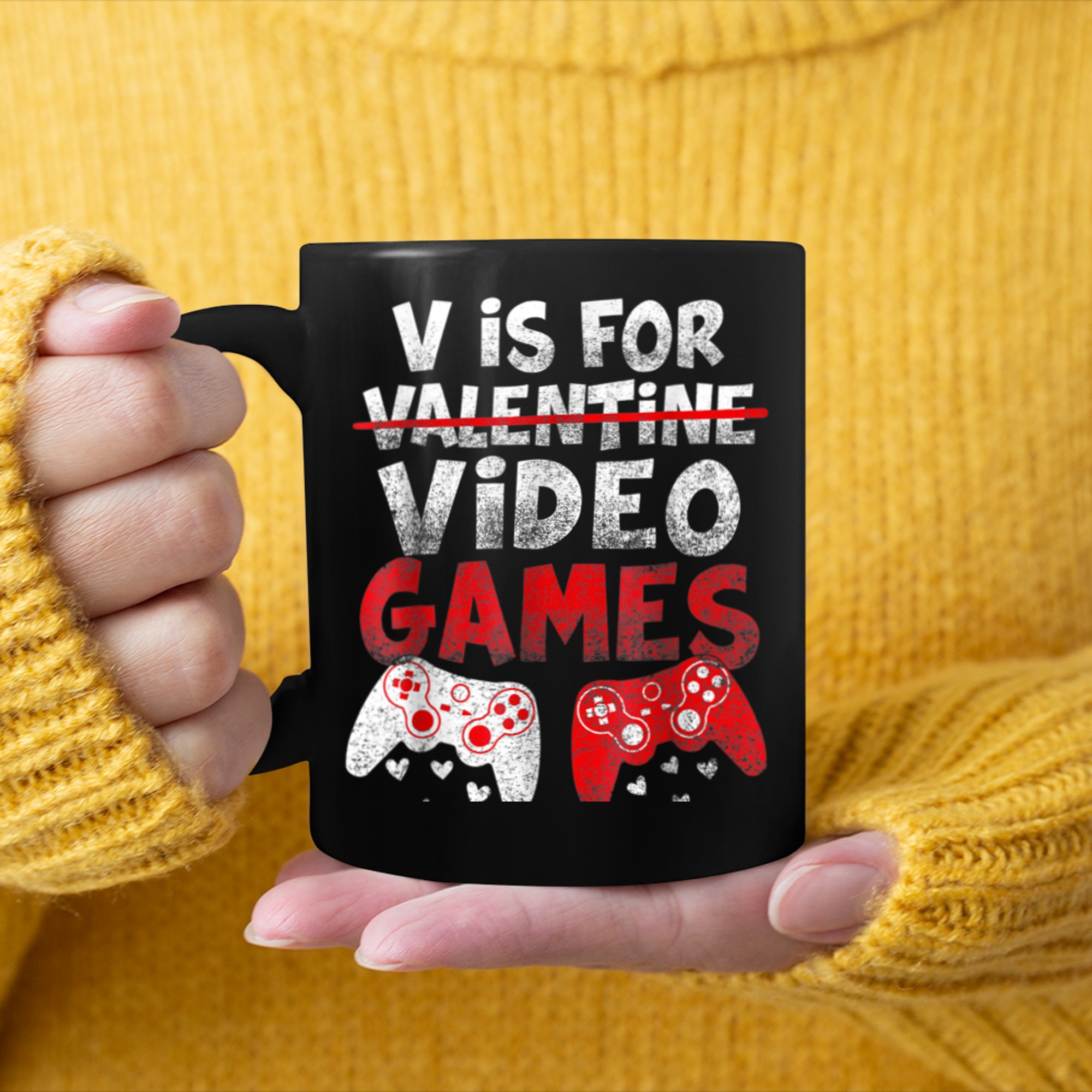 V Is For Video Games Red Heart Funny Valentines Day Gamer mug black