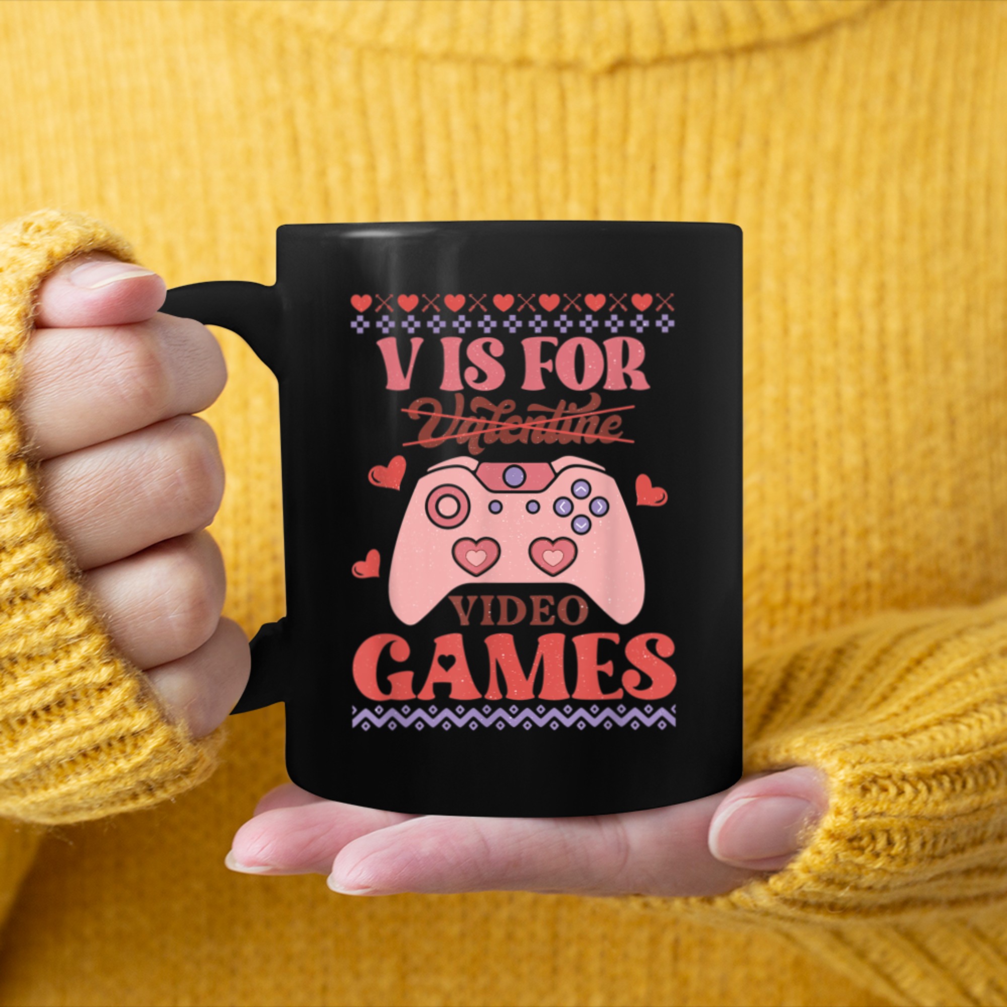 V is for Video Games Ugly Valentines Sweater, Gamers V-day mug black