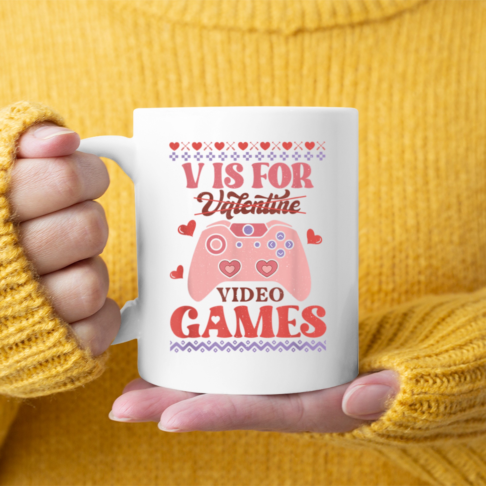 V is for Video Games Ugly Valentines Sweater, Gamers V-day mug white