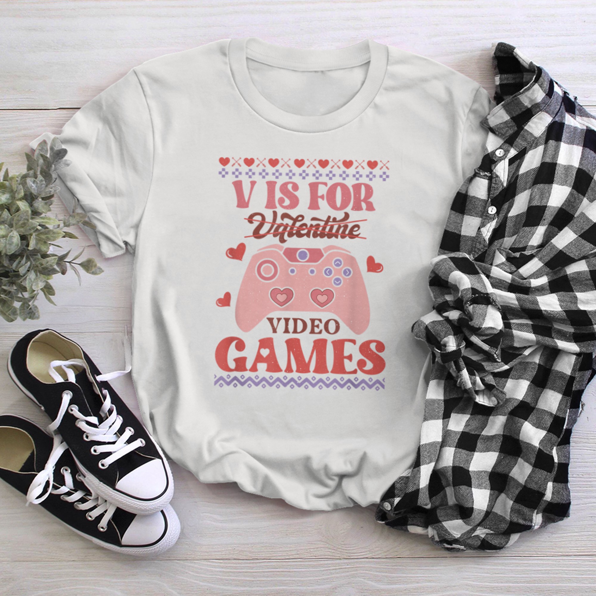 V is for Video Games Ugly Valentines Sweater, Gamers V-day t-shirt white