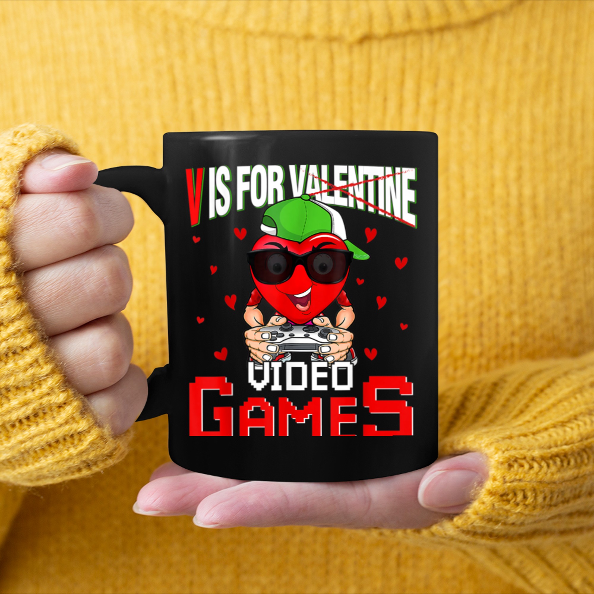 V Is For Video Games Valentine Funny Gamer Valentines Day mug black