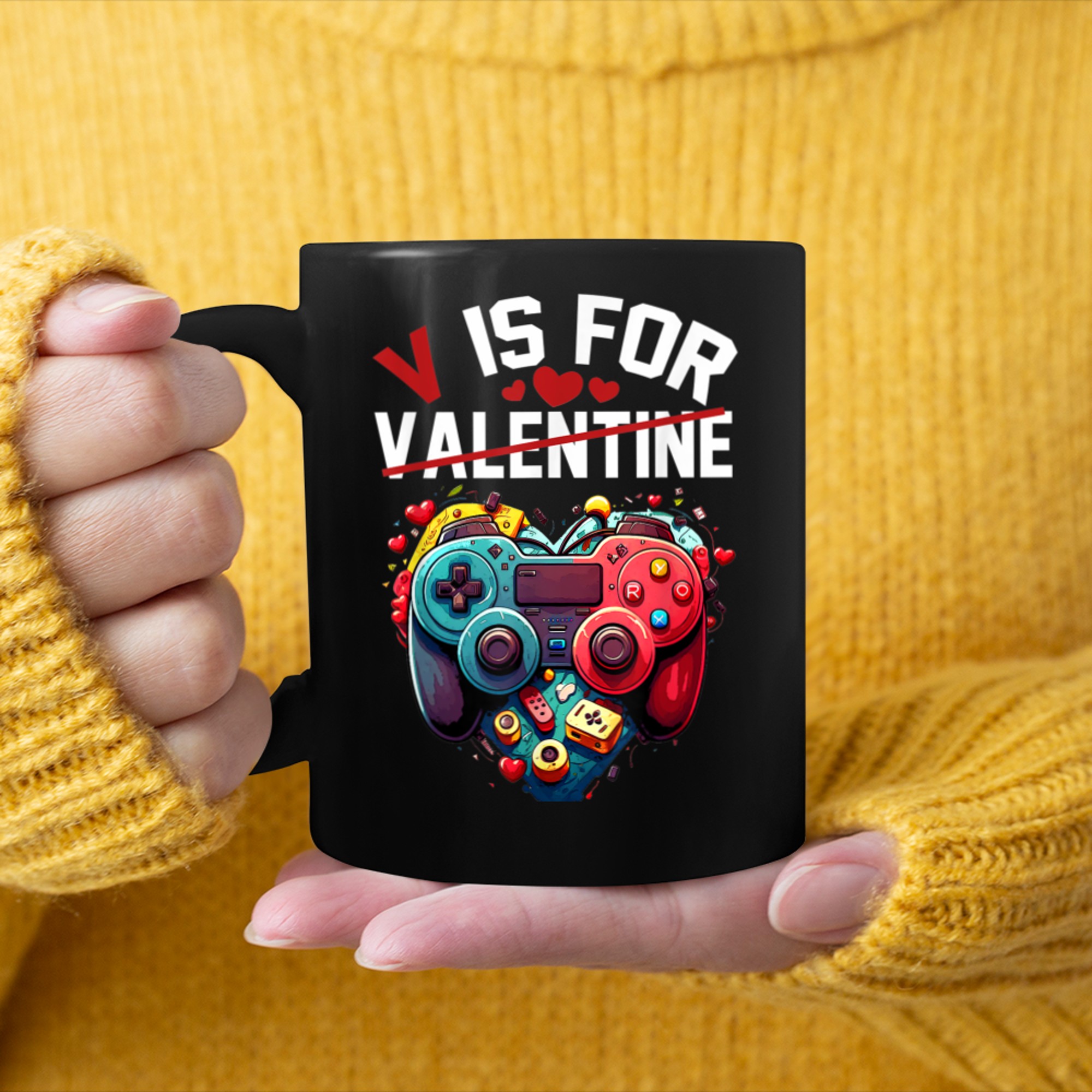 V Is For Video Games Valentine Gamer Boy Men Valentines Day mug black