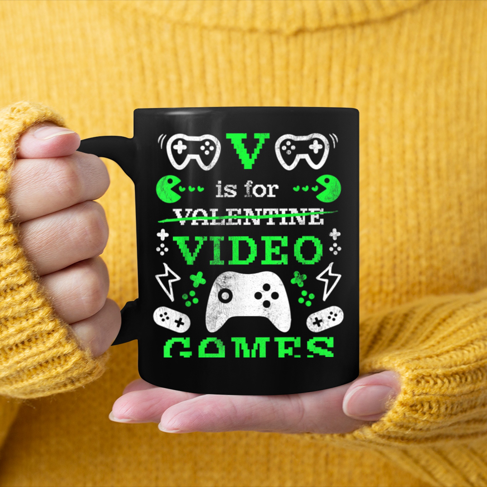 V is for Video Games Valentine Gamer Gaming (1) mug black