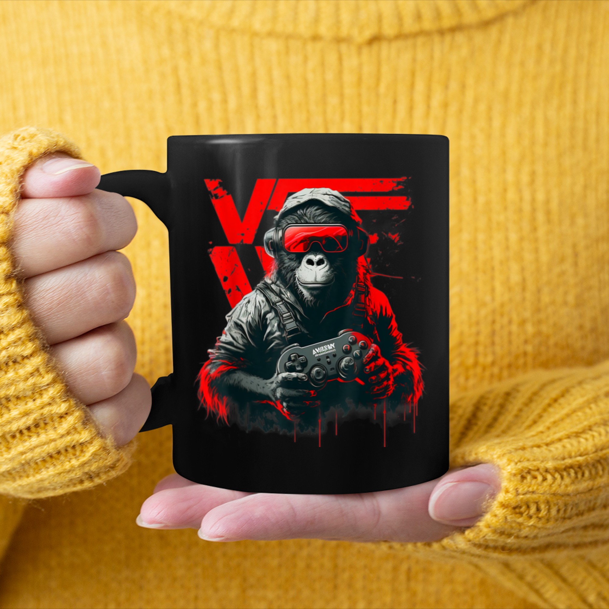 V is for Video Games Valentines Day artistic Gamer Monkey mug black