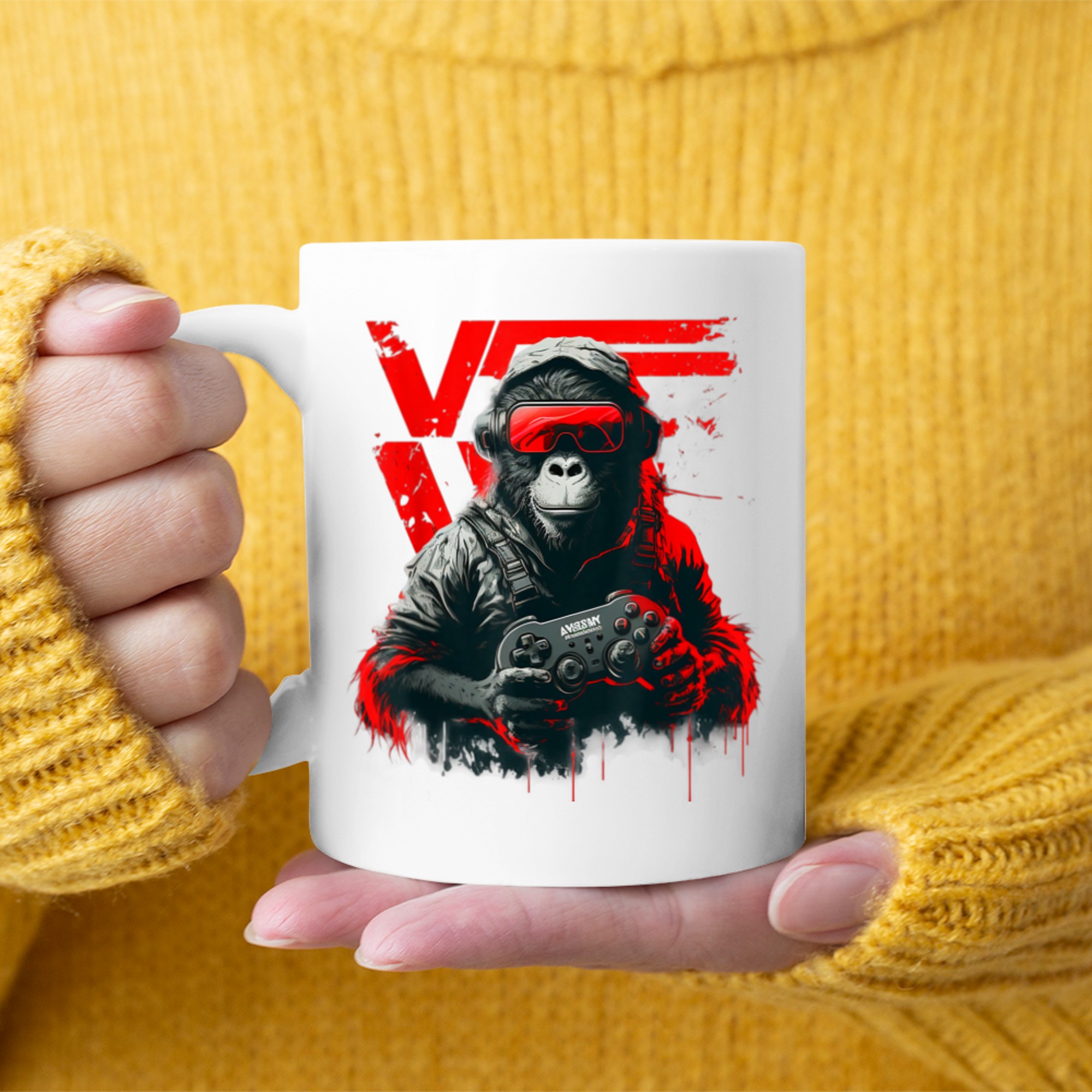 V is for Video Games Valentines Day artistic Gamer Monkey mug white