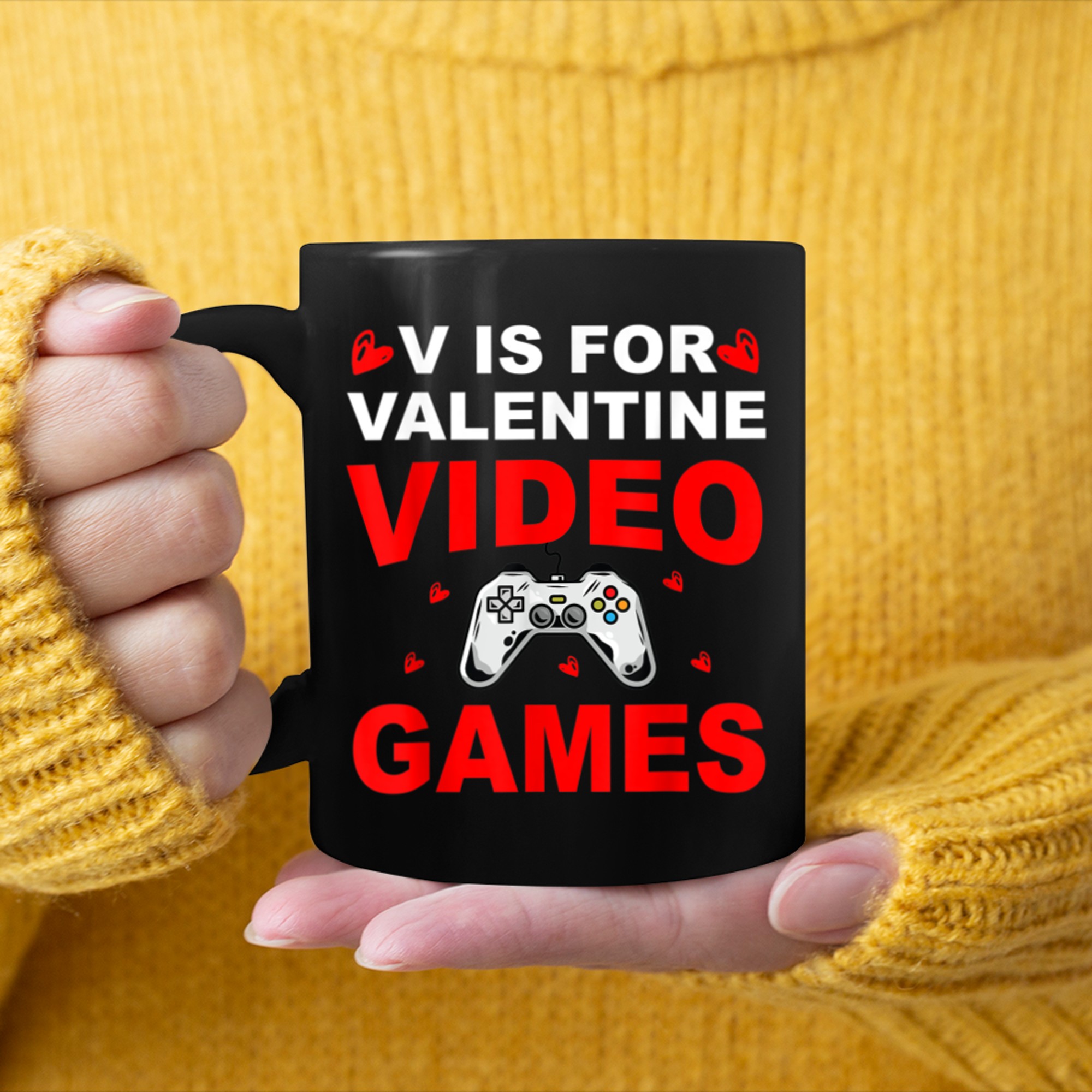 V is for Video Games Valentines Day For Gamer Men Boy mug black