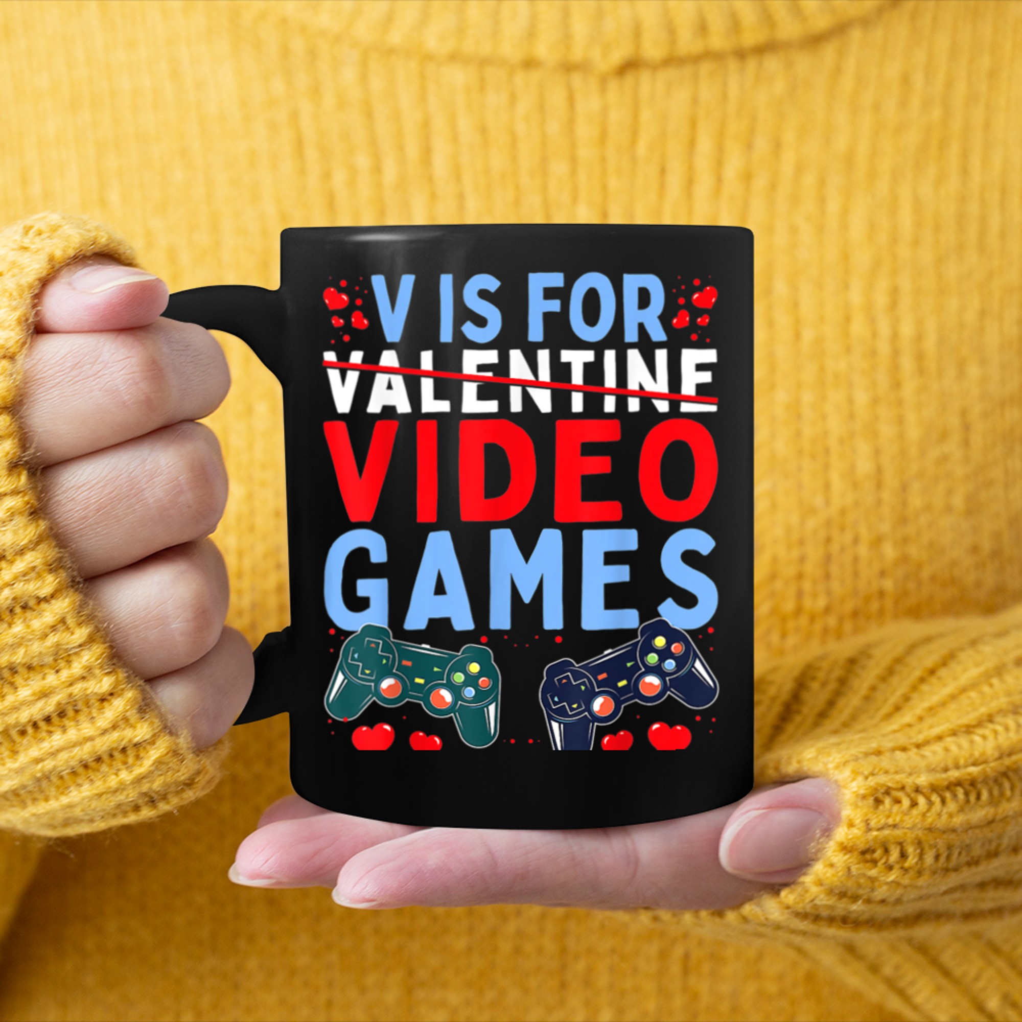 V Is For Video Games Valentines Day Funny Gamer Boy Men (8) mug black