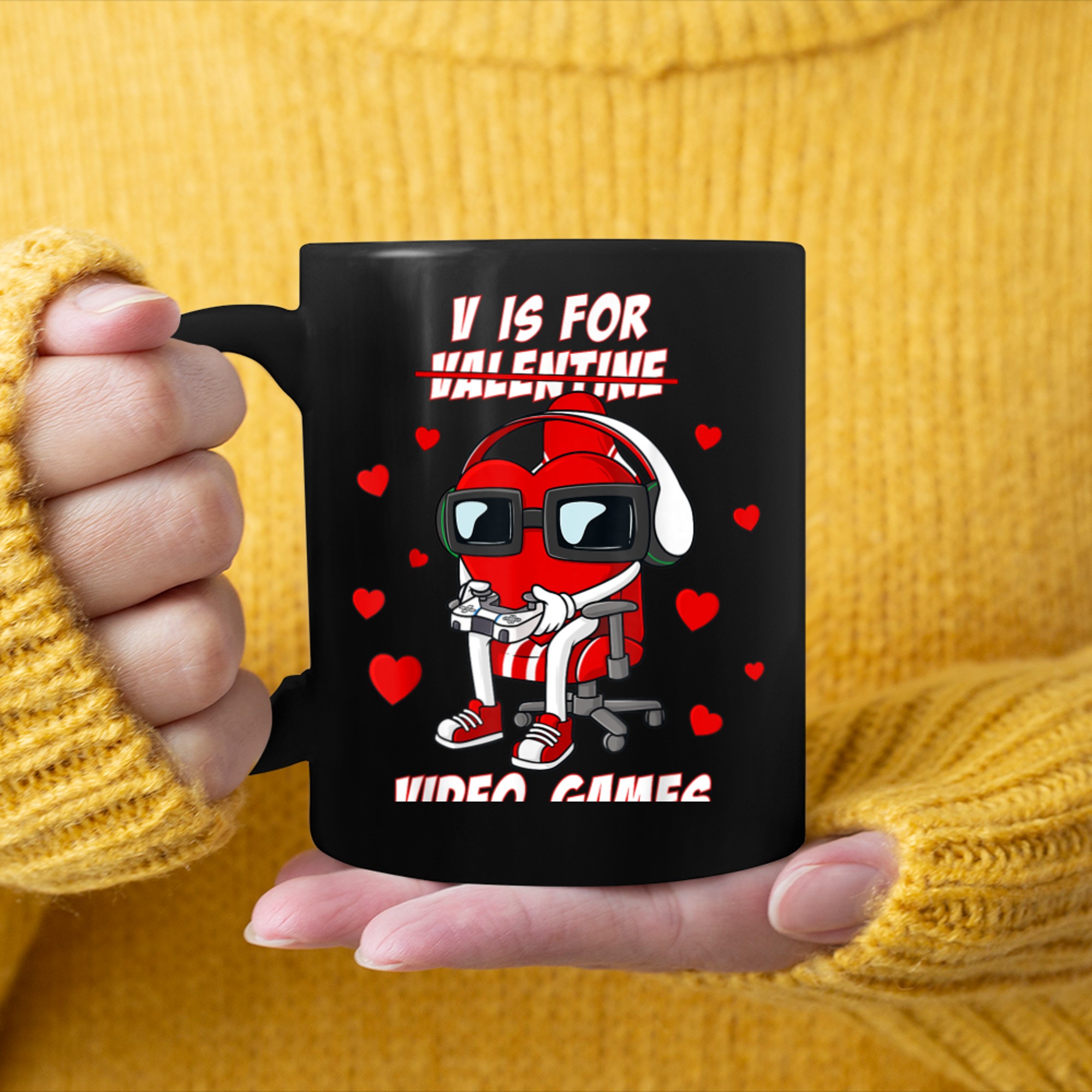 V Is For Video Games Valentines Day Funny Gamer Boys Kids (12) mug black