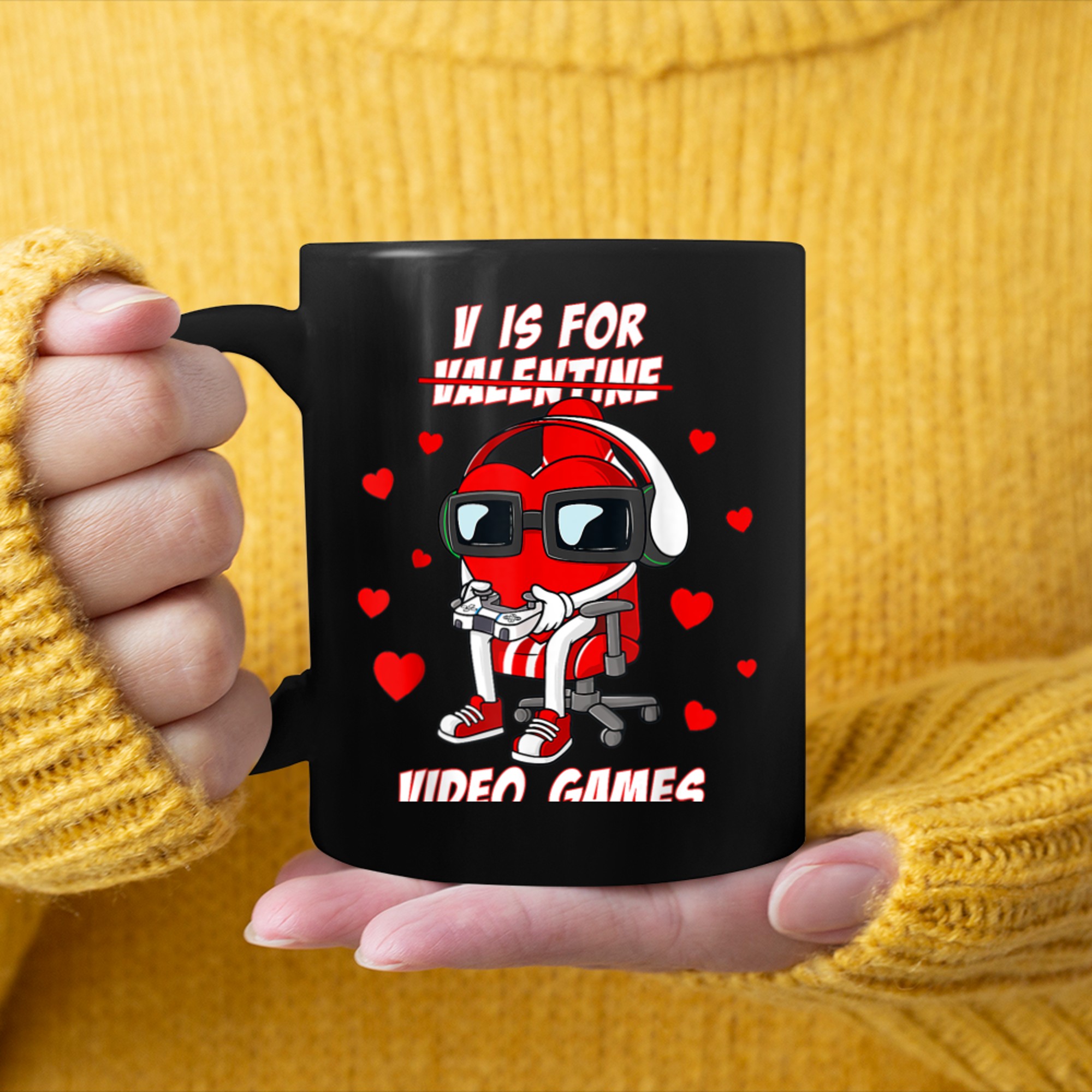 V Is For Video Games Valentines Day Funny Gamer Boys Kids (15) mug black