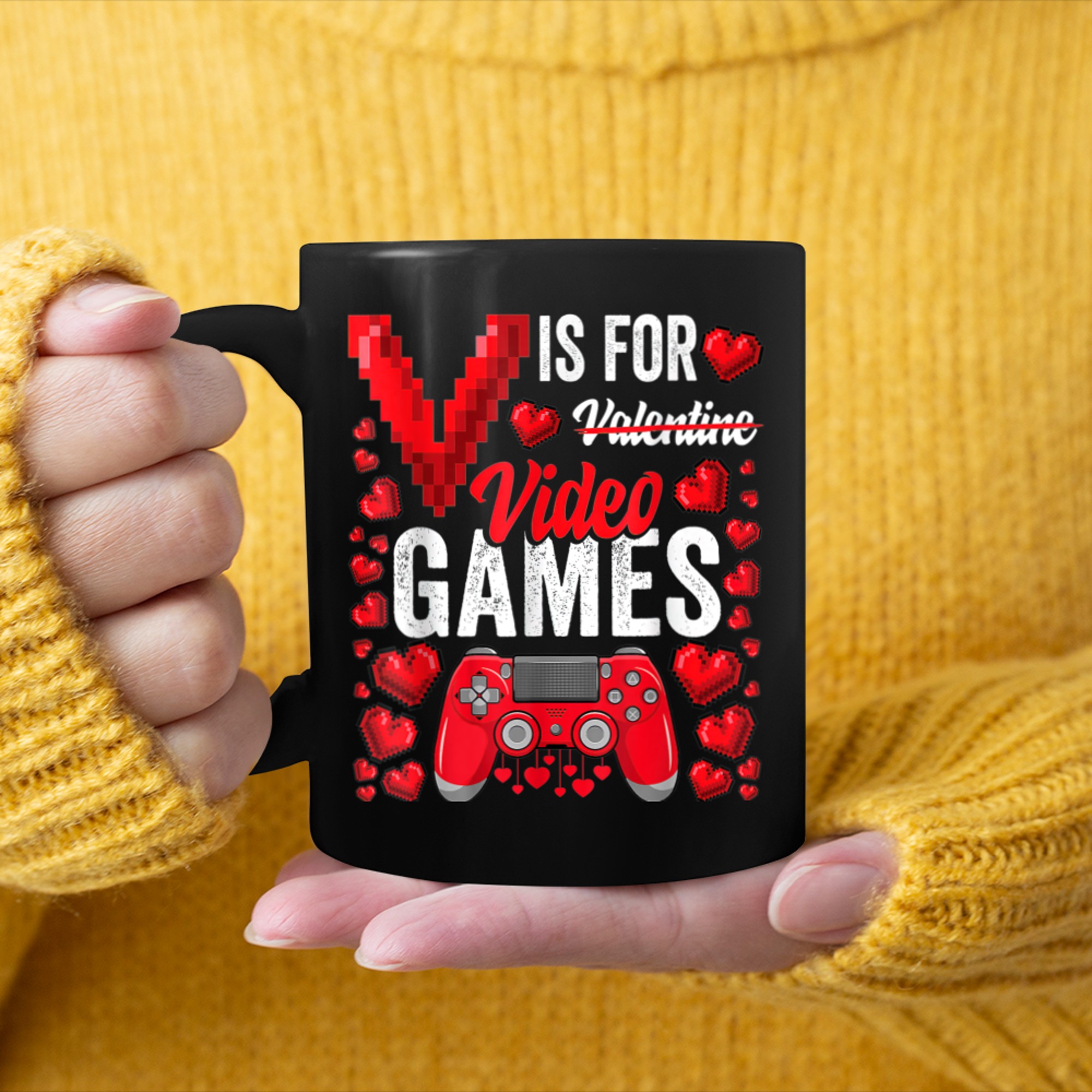 V Is For Video Games Valentines Day Funny Gamer Boys Kids (2) mug black