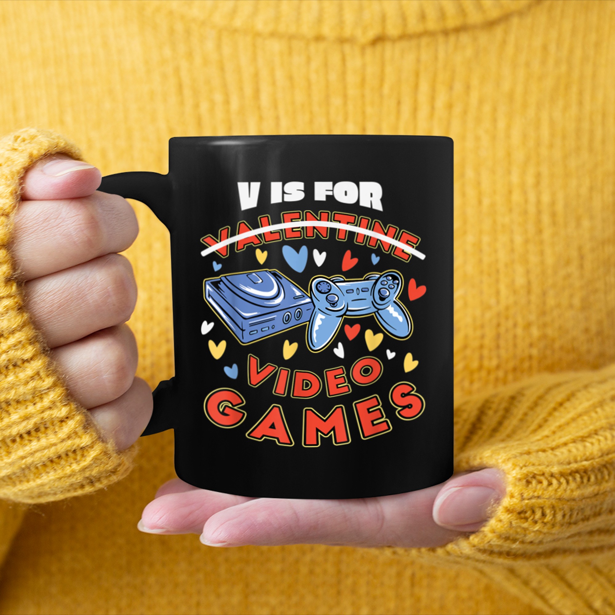 V is for Video Games Valentines Day Funny Gamer Mens Boys (10) mug black