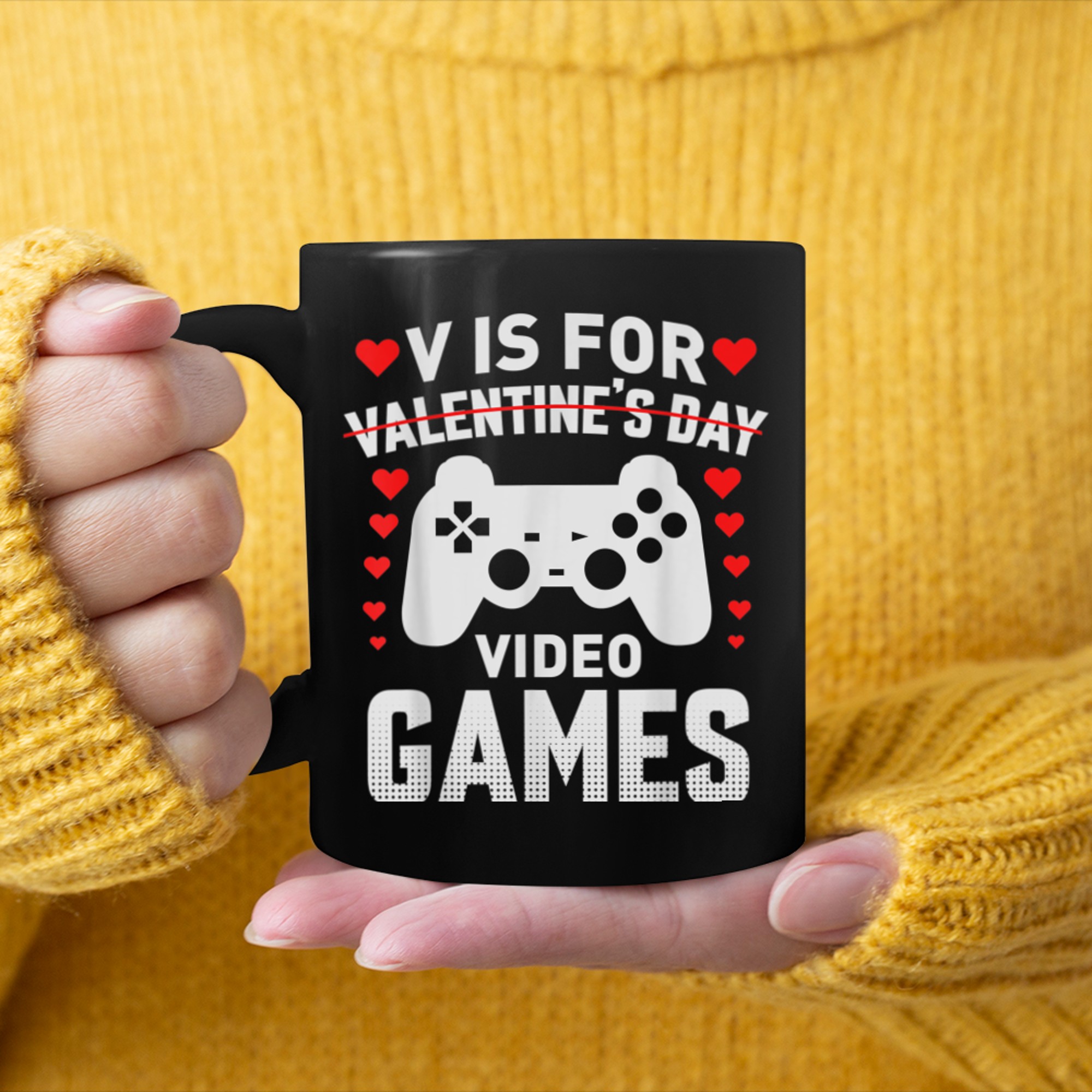 V is for Video Games Valentines Day Funny Gamer Mens Boys (4) mug black