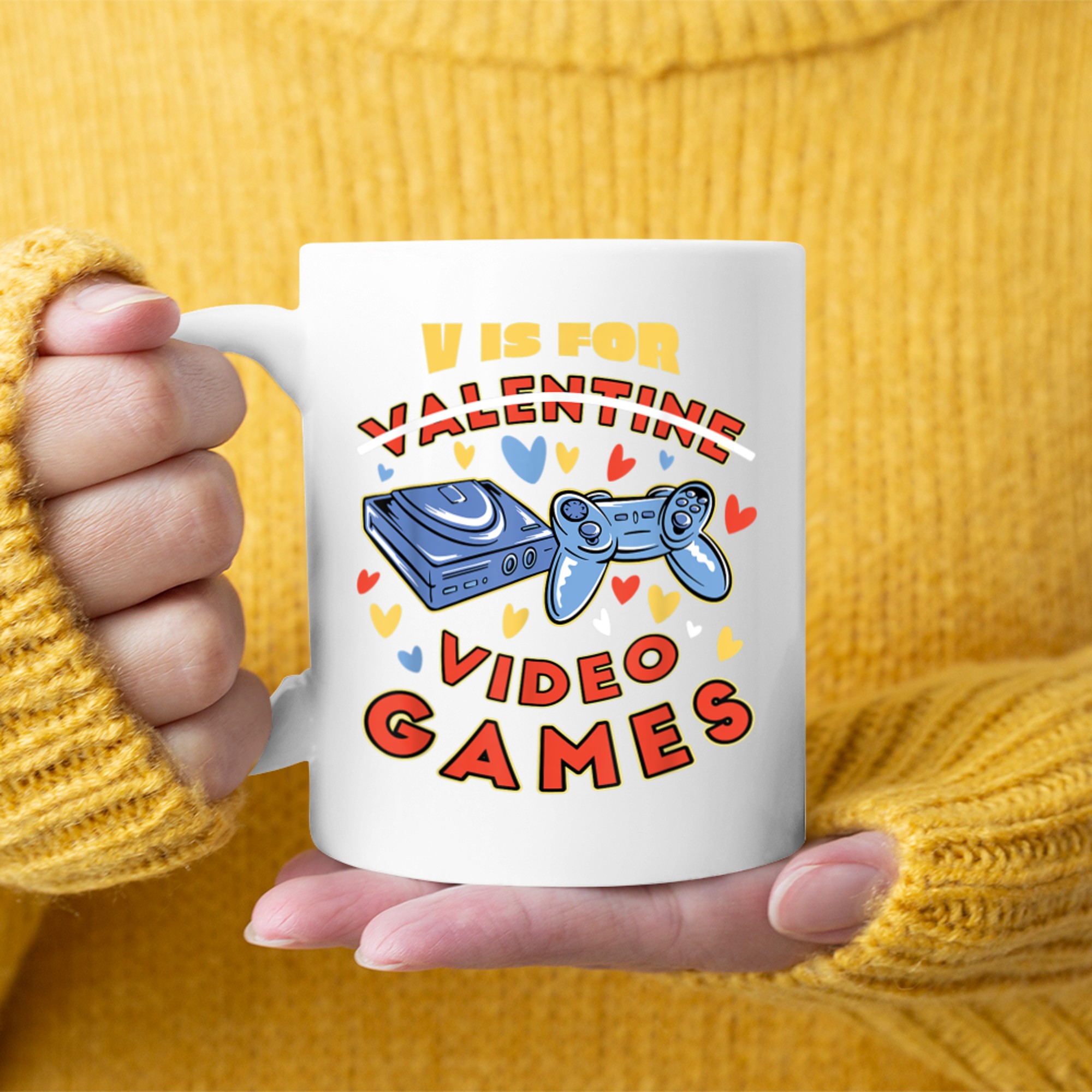 V is for Video Games Valentines Day Funny Gamer Mens Boys (6) mug white