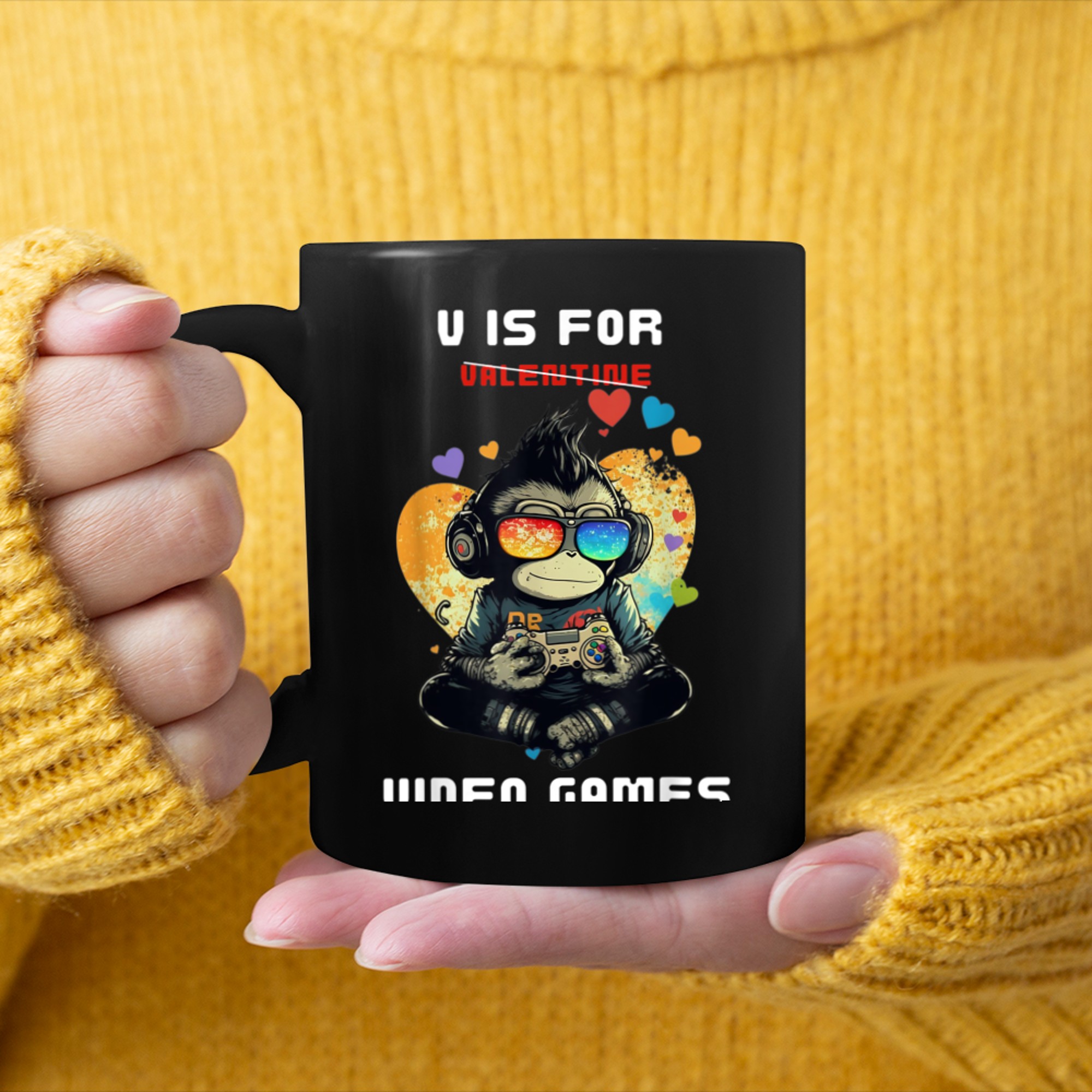 V is for Video Games Valentines Day funny Gamer Monkey mug black