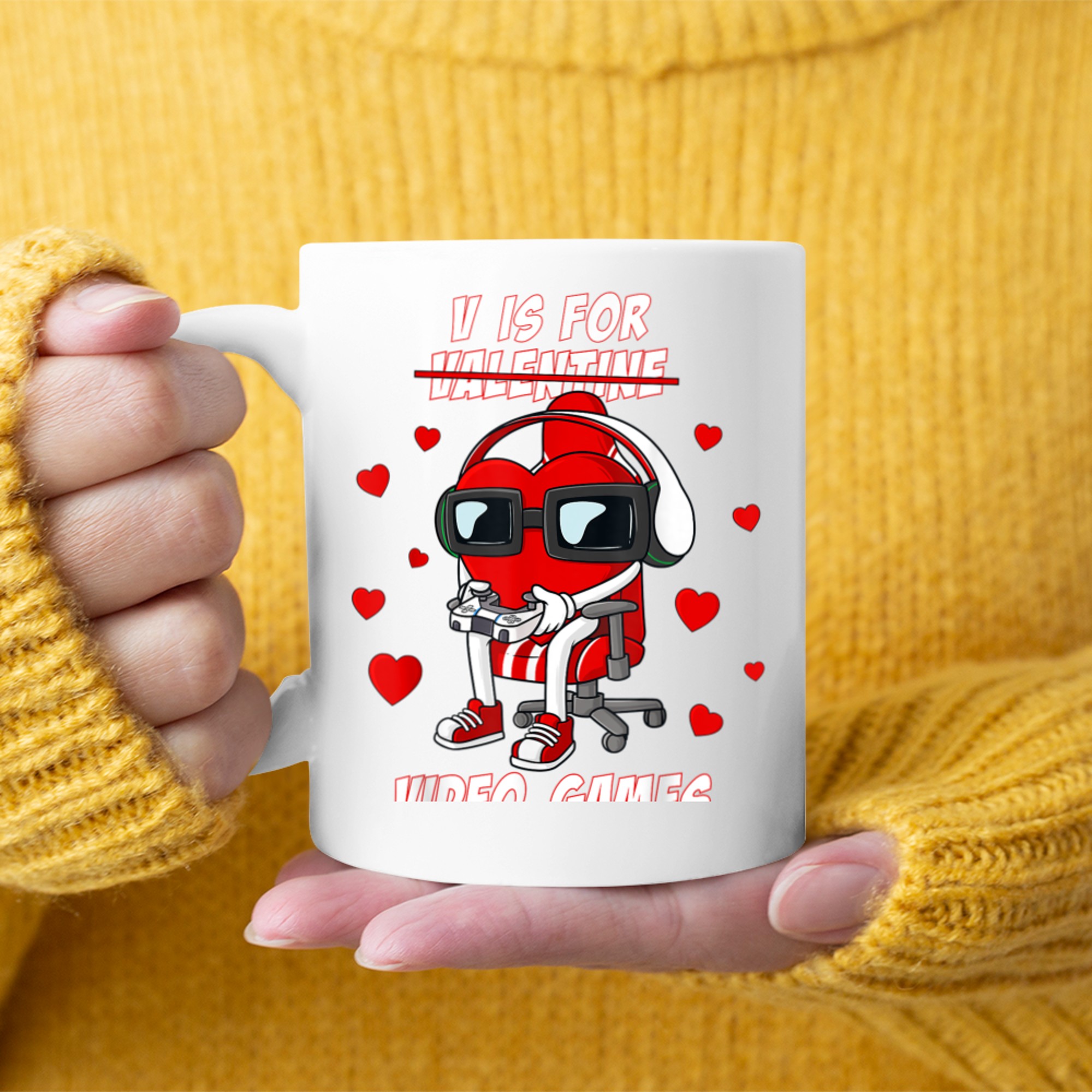 V Is For Video Games Valentines Day Funny Gaming Boys Kids mug white