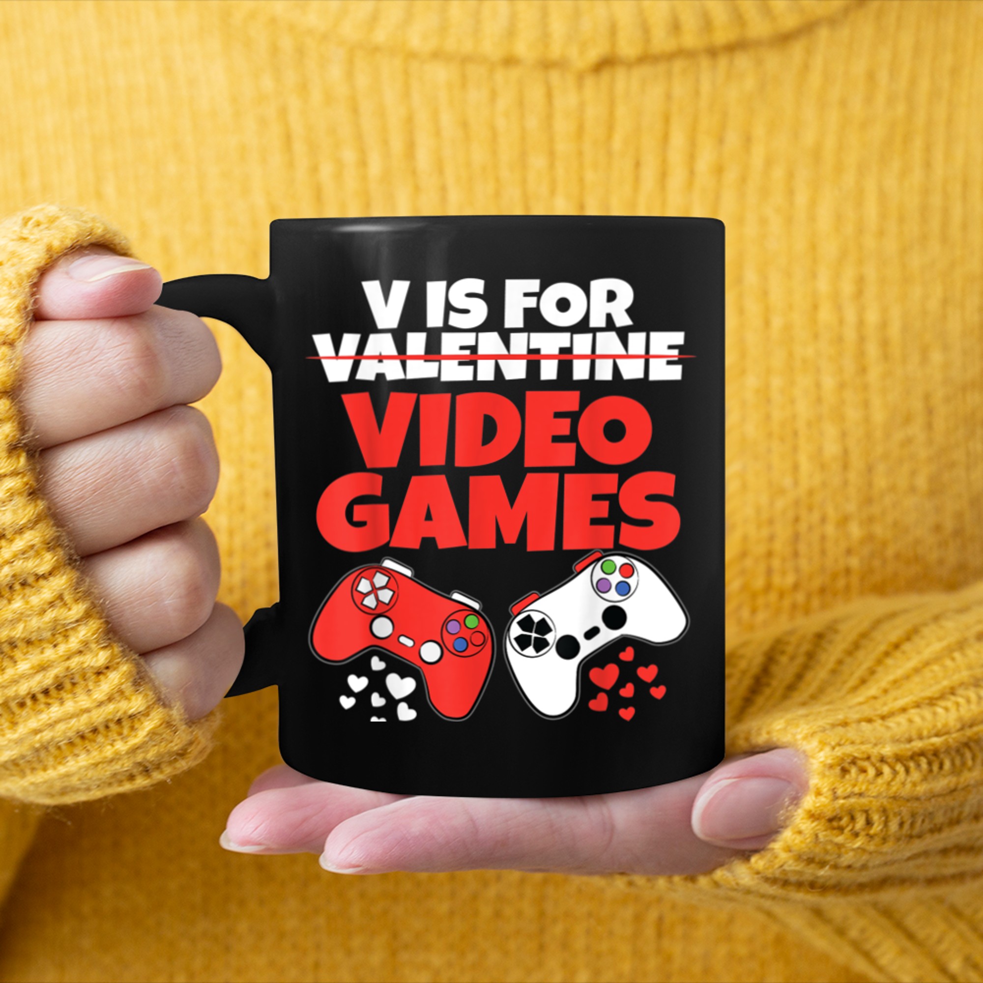 V Is For Video Games Valentines Day Funny Gaming Gamer (1) mug black