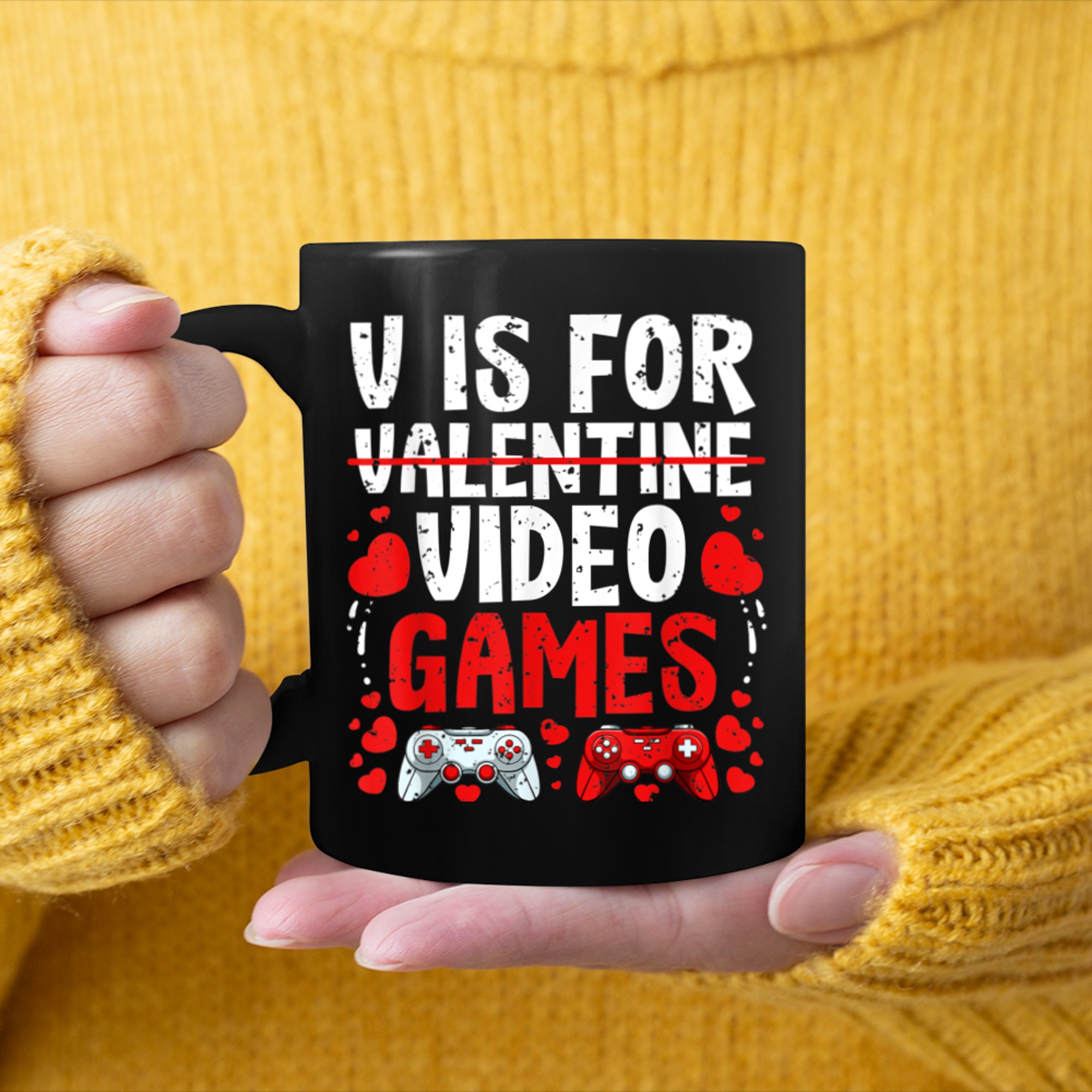 V Is For Video Games Valentines Day Funny Gaming Gamer (2) mug black