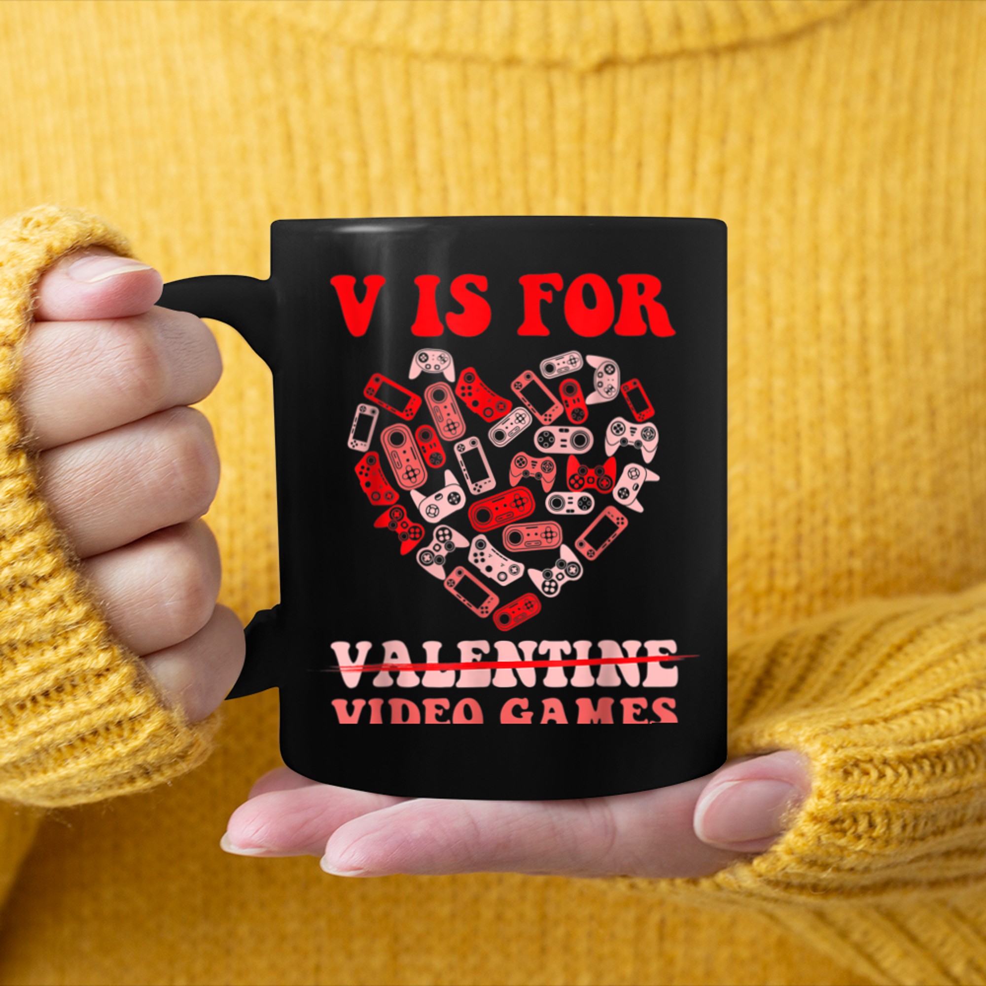 V Is For Video Games Valentines Day Funny Valentine Gaming (11) mug black