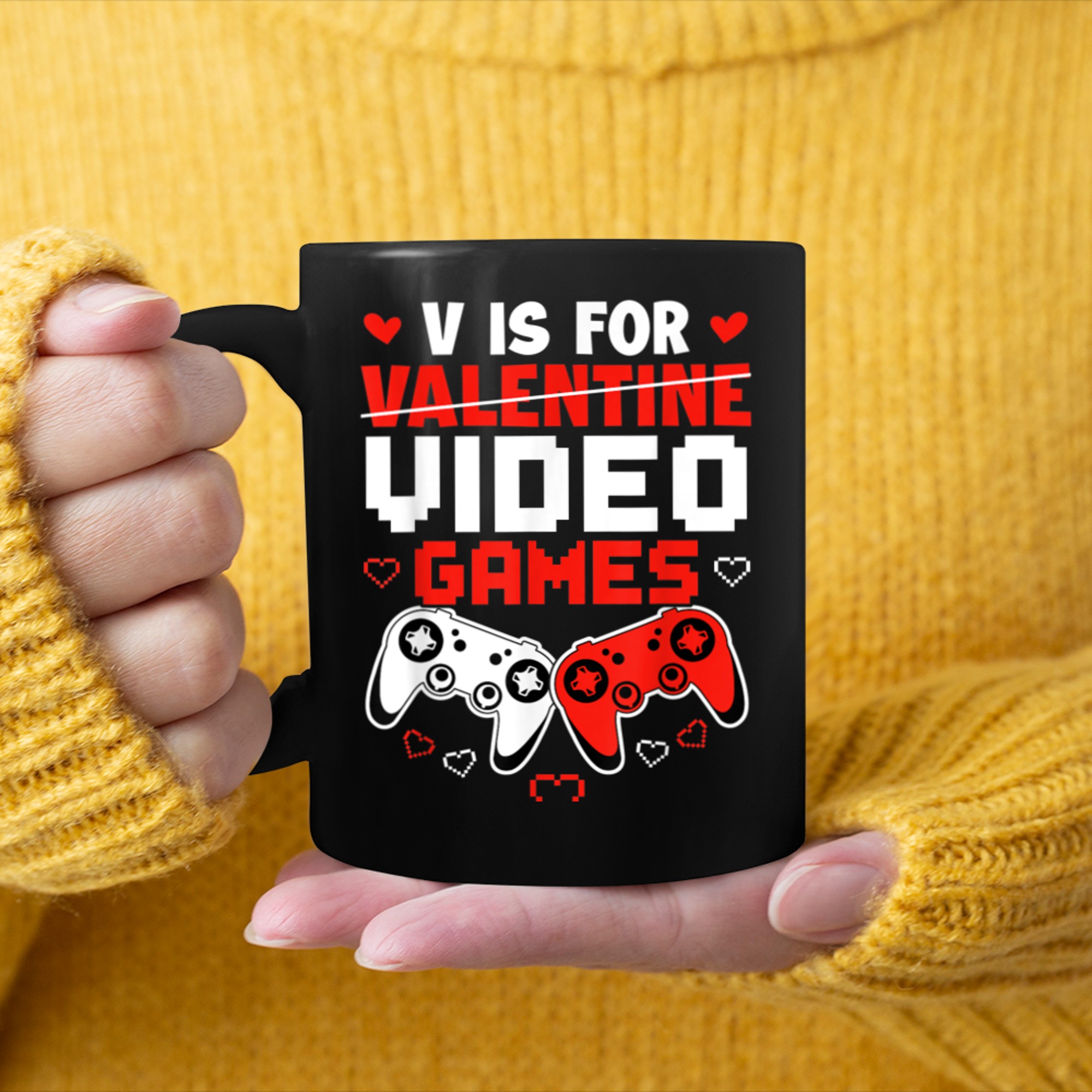 V Is For Video Games Valentines Day Funny Valentine Gaming (9) mug black