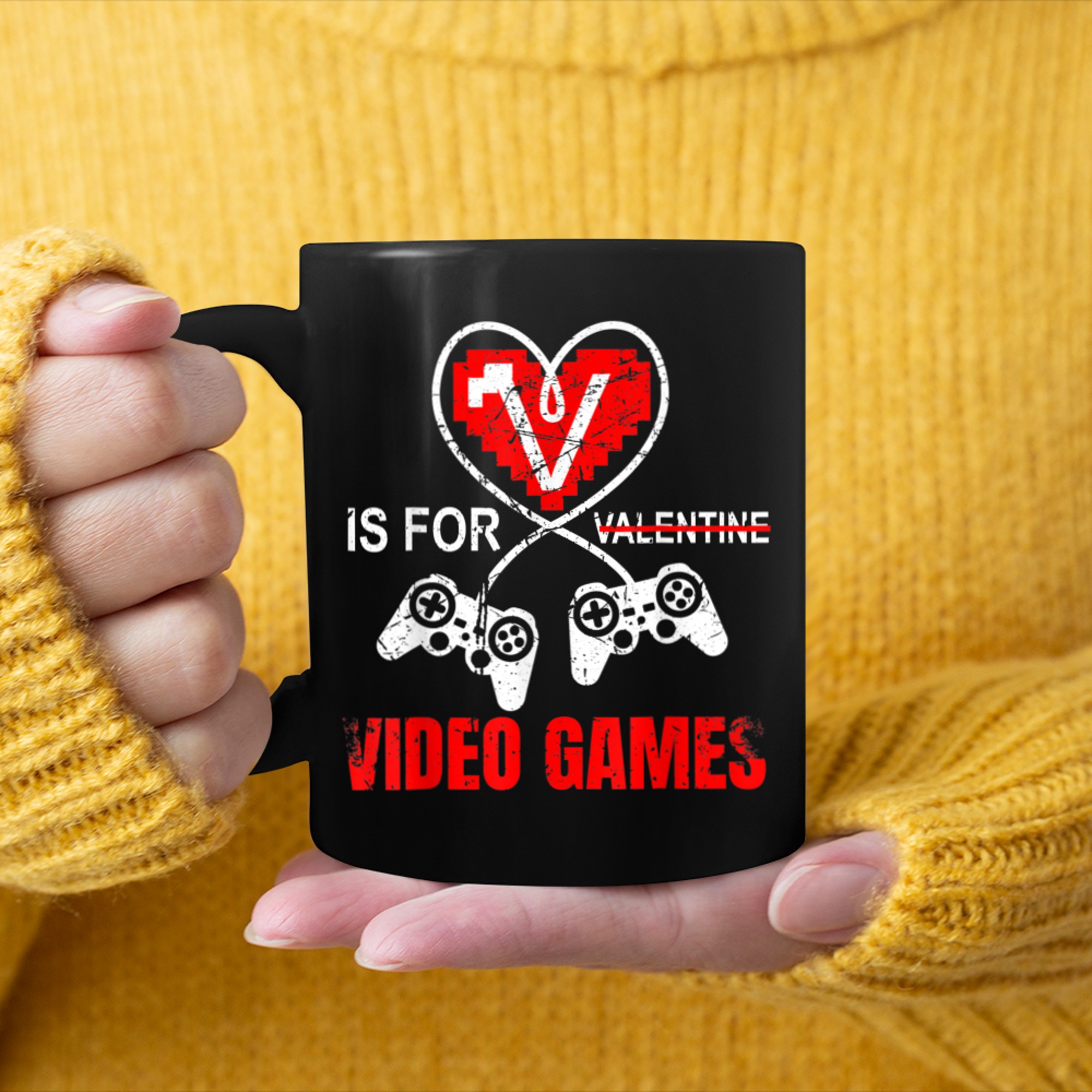 V Is For Video Games Valentine's Day Funnys mug black