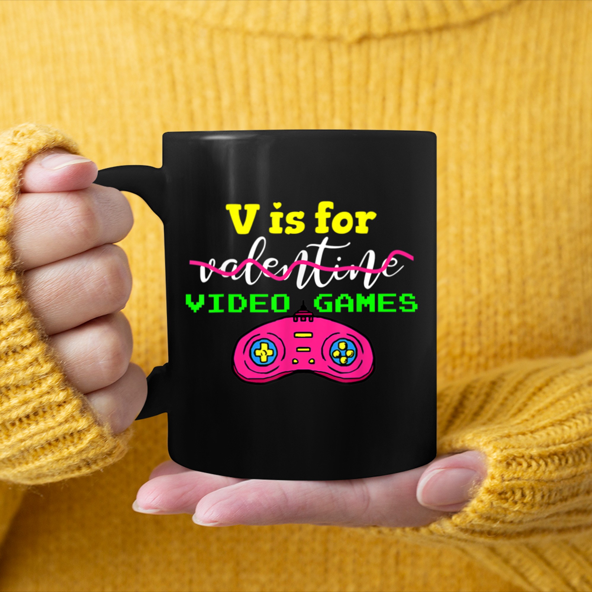 V Is For Video Games Valentines Day Gamer (1) mug black