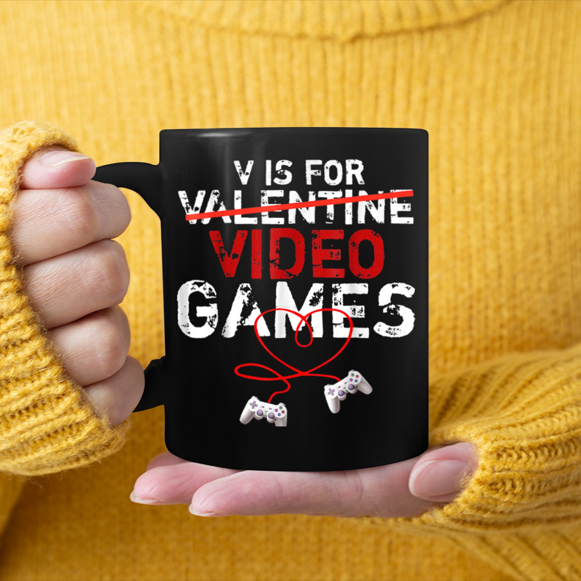 V is for Video Games Valentines Day Gamer Men Boys (2) mug black