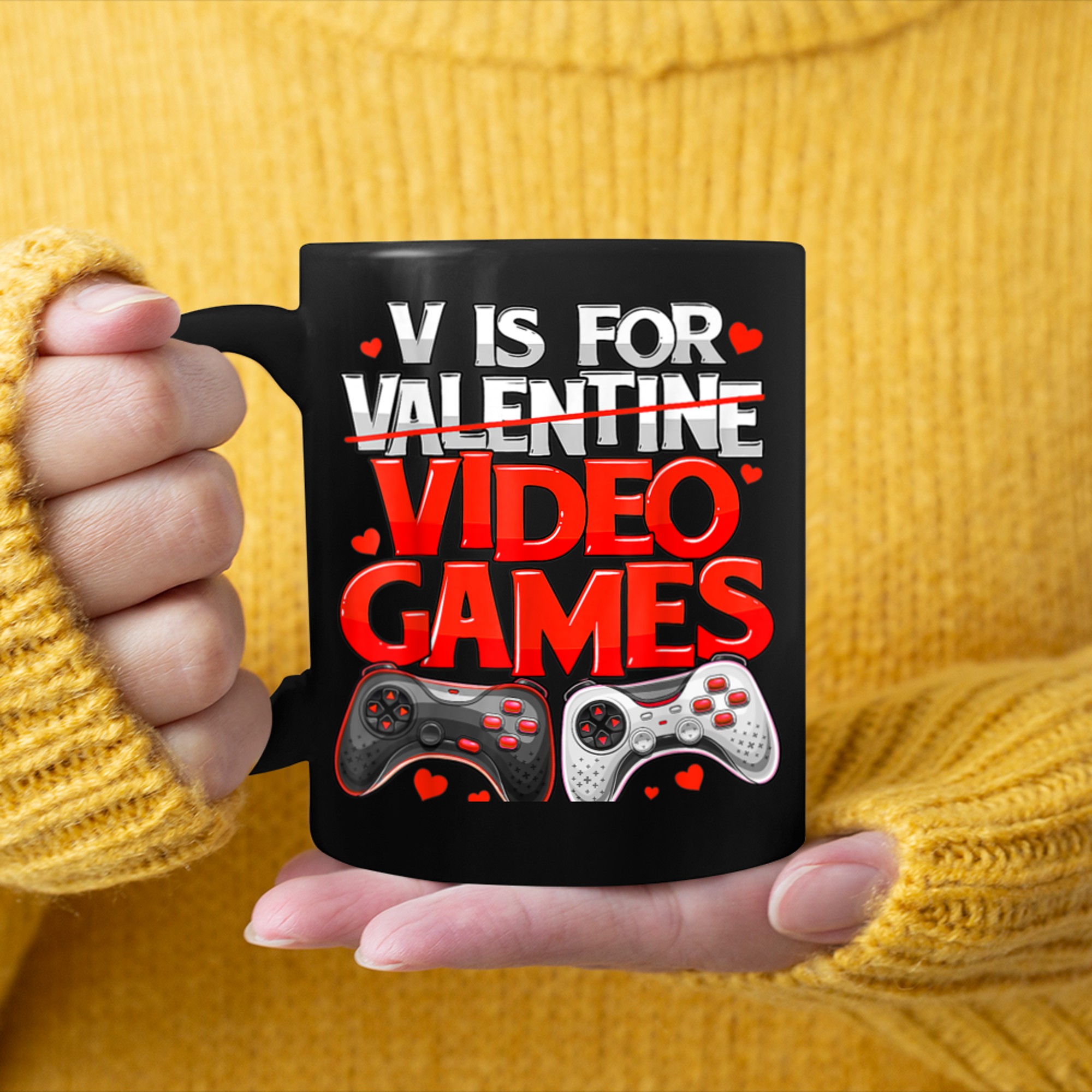 V is for Video Games Valentines Day Gamer Men Boys (20) mug black