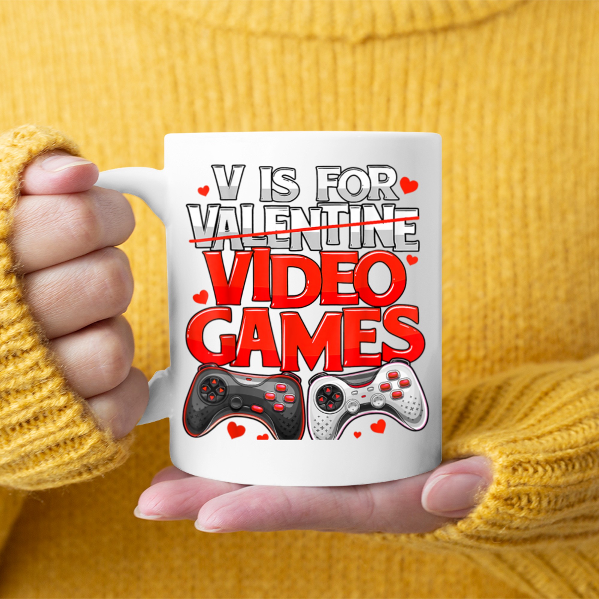 V is for Video Games Valentines Day Gamer Men Boys (20) mug white