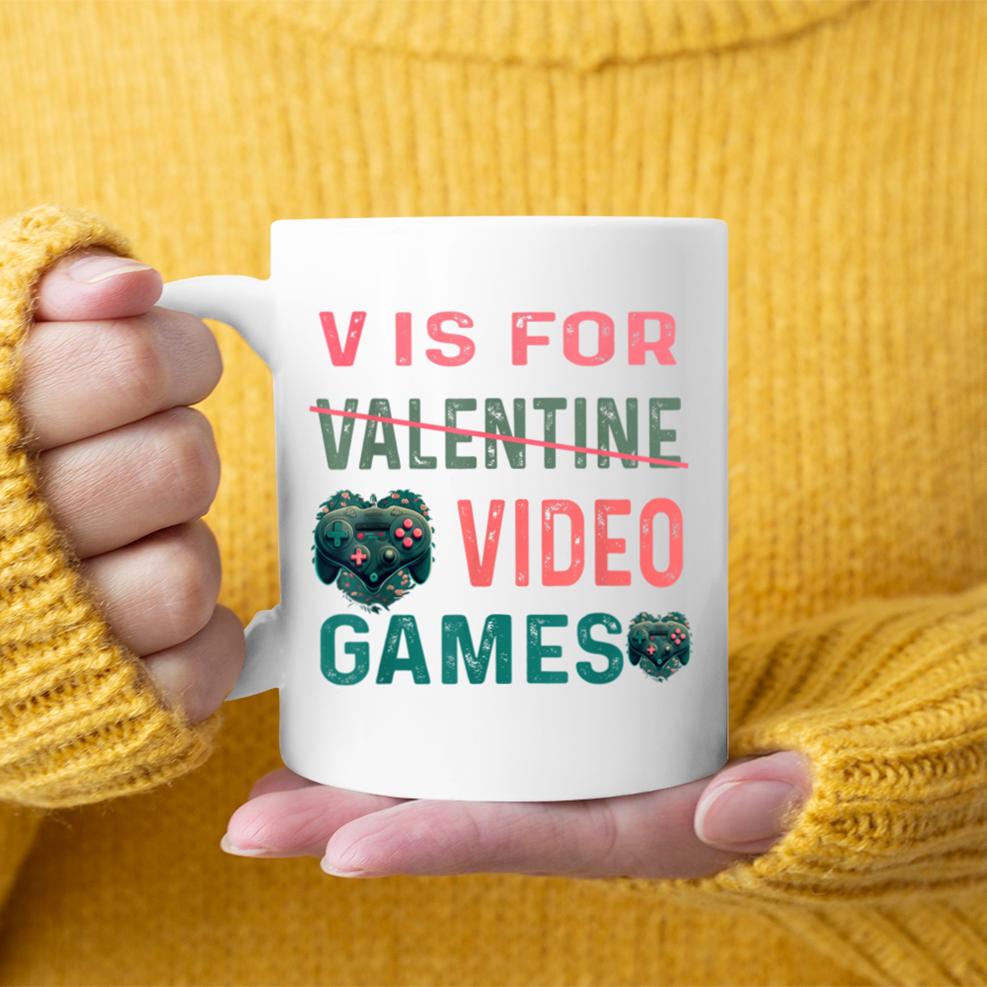 V is for Video Games Valentines Day Gamer Men Boys (3) mug white