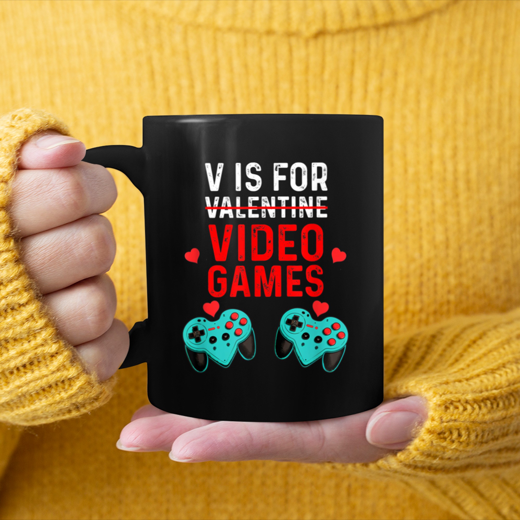 V is for Video Games Valentines Day Gamer Men Boys (32) mug black