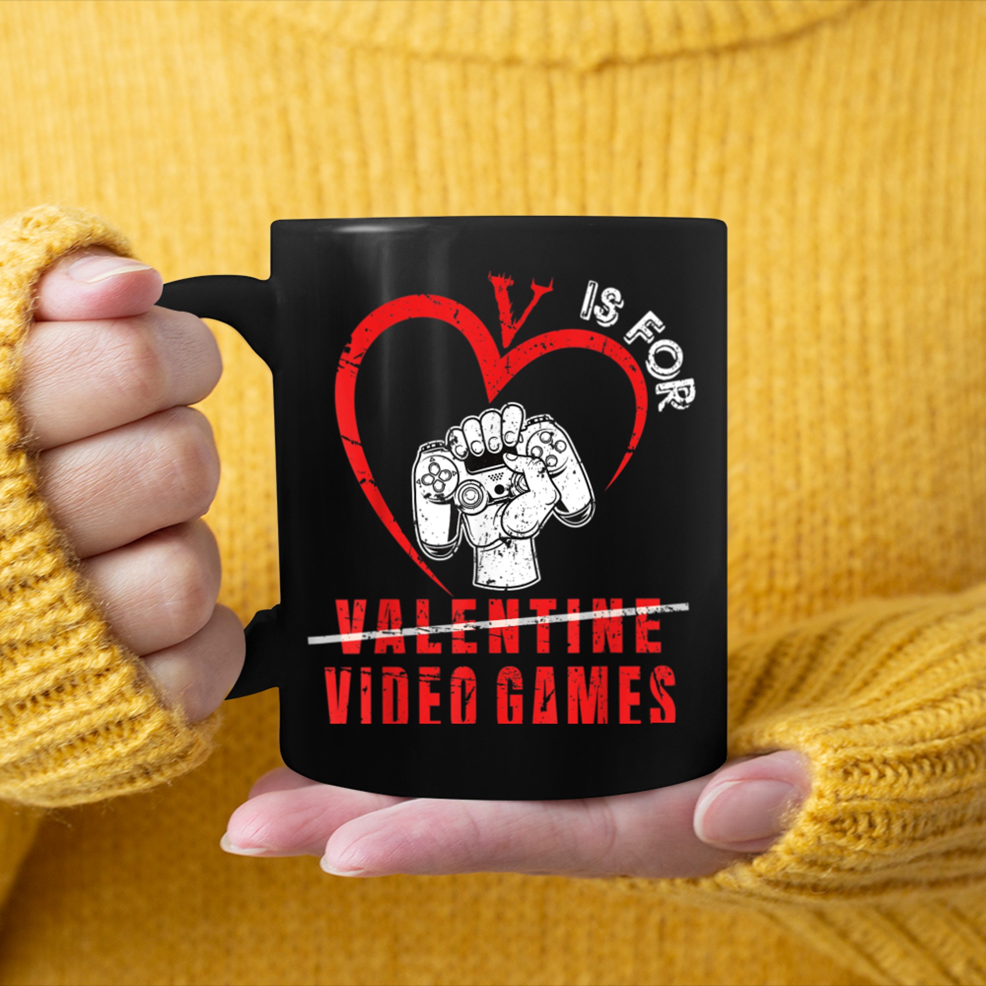 V is for Video Games Valentines Day Gamer Men Boys (4) mug black