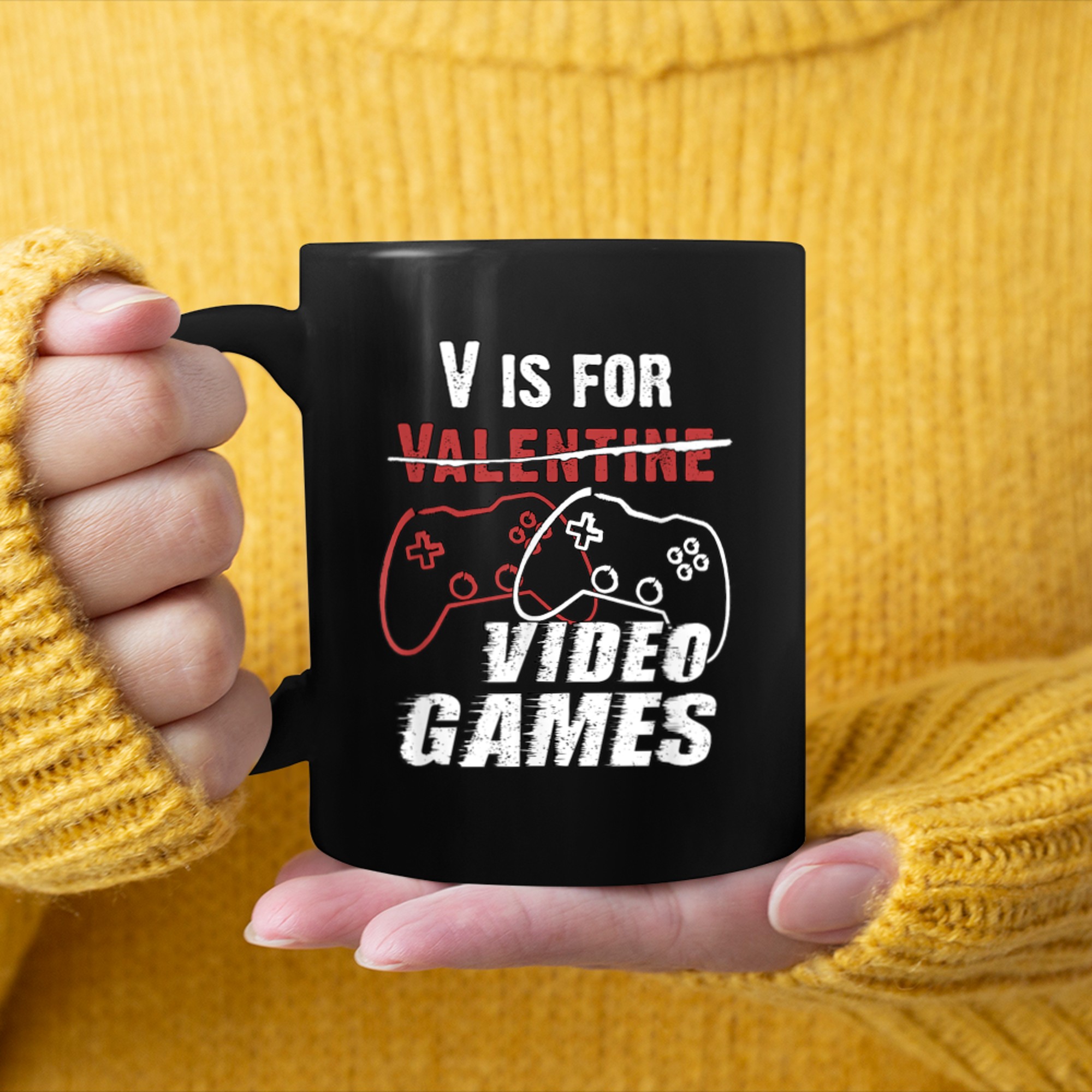 V is for Video Games Valentines Day Gamer Men Boys Funny mug black