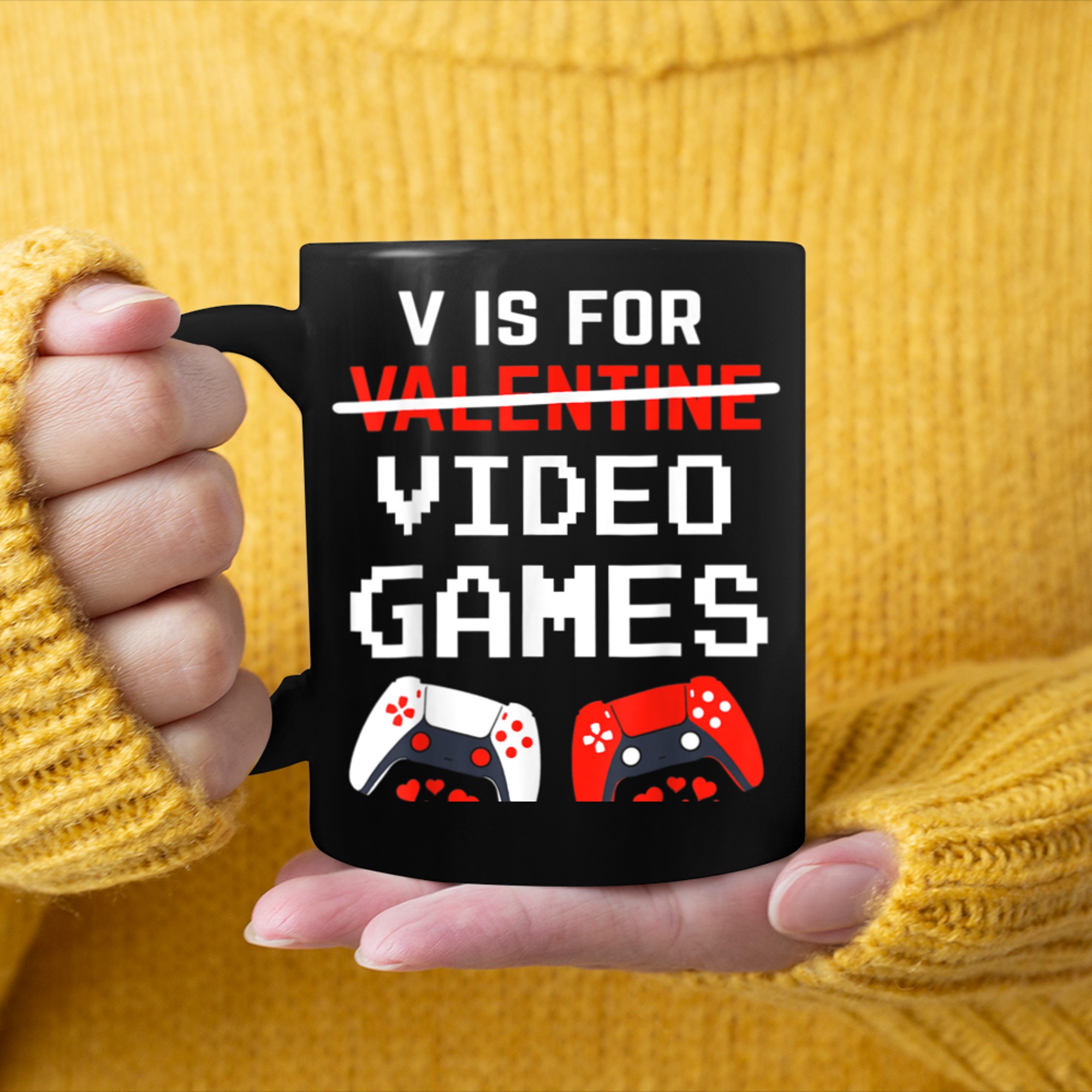 V is for Video Games Valentines Day Gamer Men Boyss (1) mug black