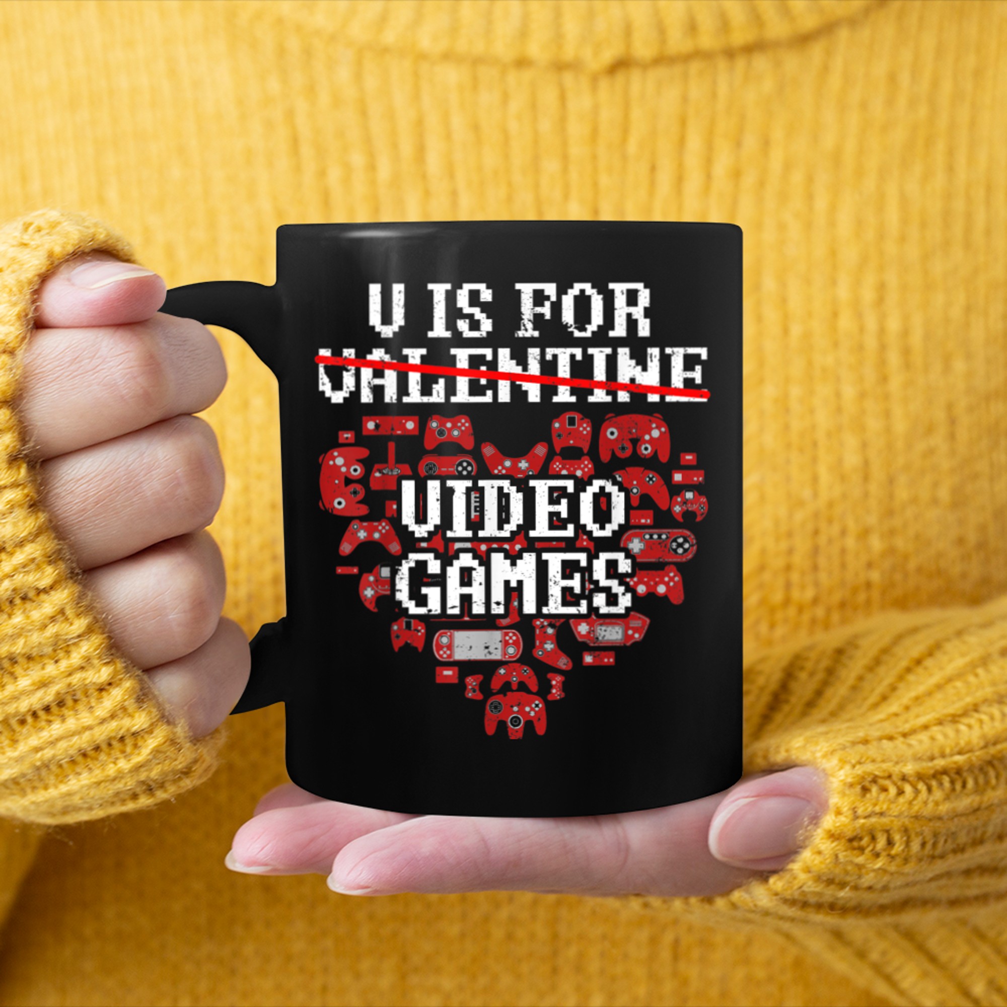 V is for Video Games Valentines Day Gamer Men Teen Boys (3) mug black