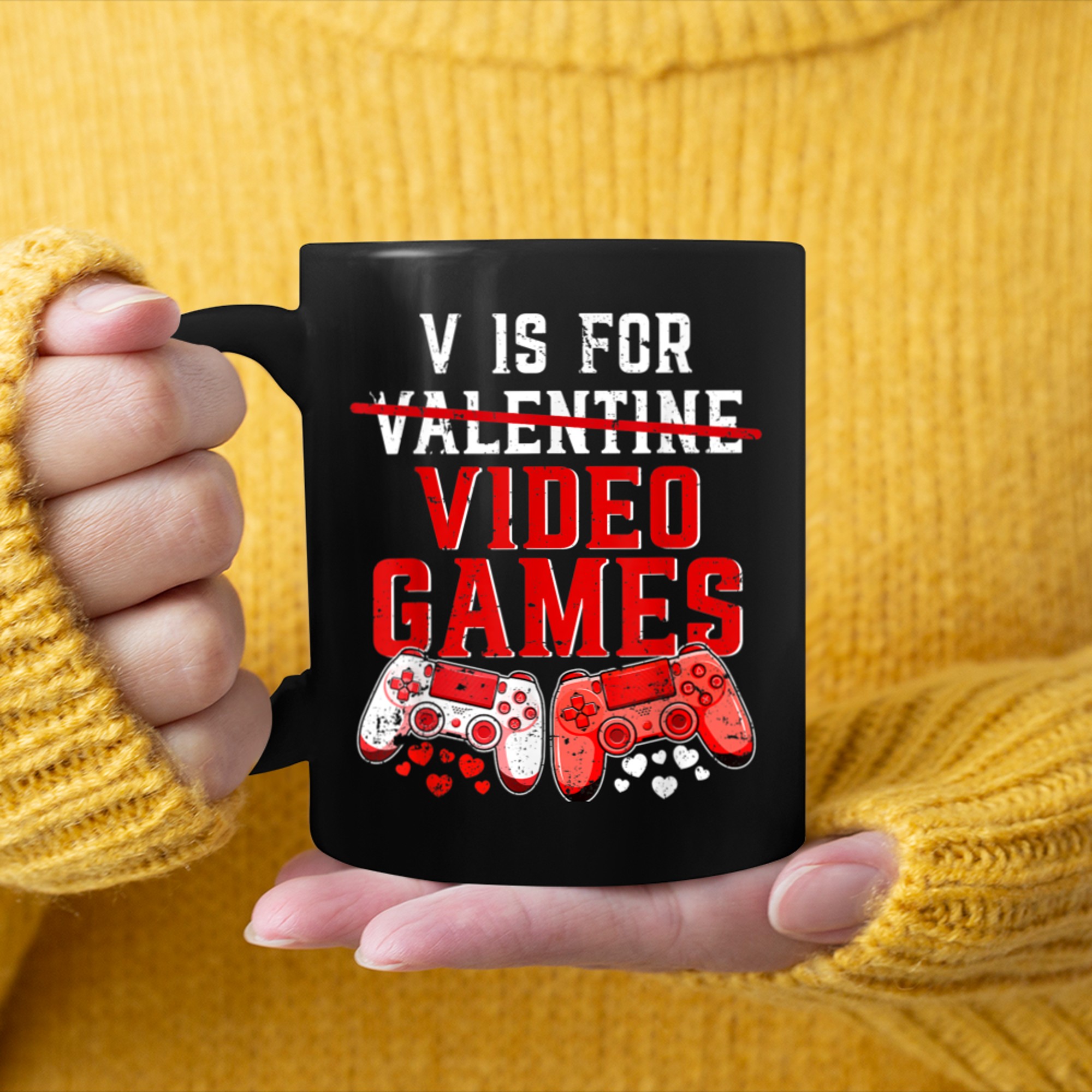 V is for Video Games Valentines Day Gamer Men Teen Boys (9) mug black