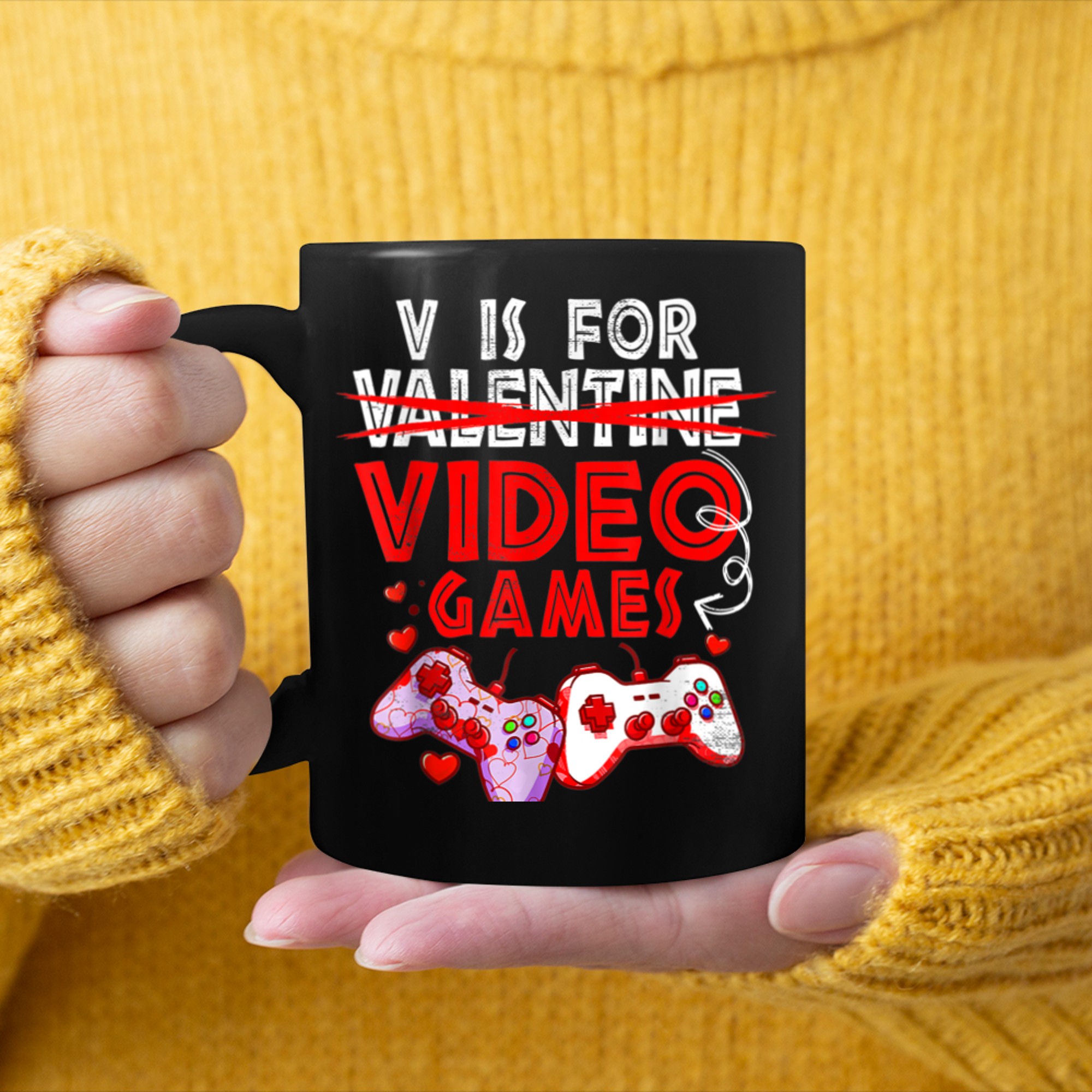 V is for Video Games Valentines Day Gaming Loverss (3) mug black