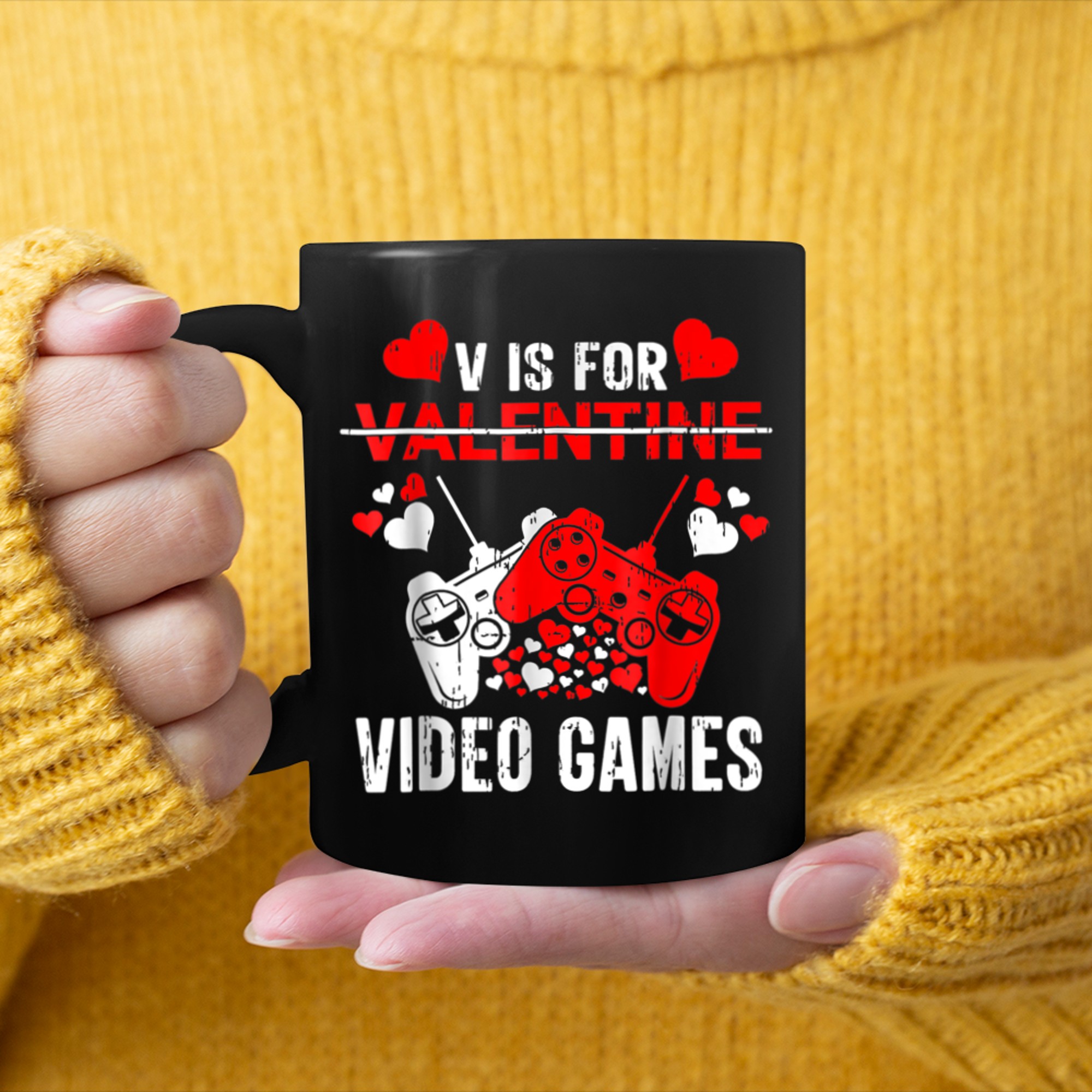 V is for Video Games Valentines Day Gaming Loverss (5) mug black